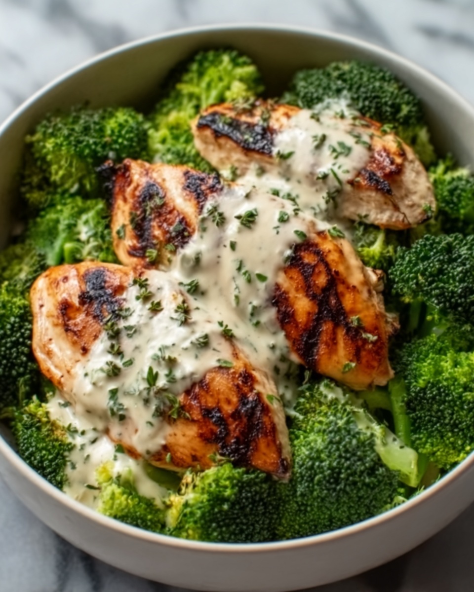 A white bowl with two large grilled chicken breasts on top of a bed of bright green broccoli florets. The chicken has clear, dark grill marks and is covered with a creamy white sauce that is spread unevenly. Small bits of green herbs are sprinkled over the chicken and sauce, adding color contrast. The broccoli looks fresh and slightly steamed, adding texture and depth. The bowl sits on a white marbled surface. photo taken with an iphone --ar 4:5 --v 7
