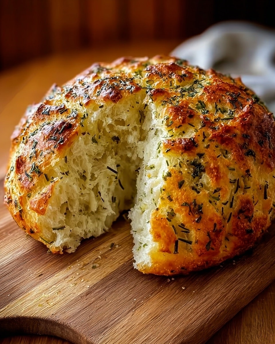 The image shows a whole round loaf of bread with a piece cut out, revealing a soft, airy inside with a light yellow color and flecks of green herbs throughout. The top crust is golden brown with a slightly shiny, crispy texture, sprinkled with more herbs that give a speckled green and black look. The bread rests on a wooden cutting board, and the background is softly blurred with warm, cozy tones. photo taken with an iphone --ar 4:5 --v 7
