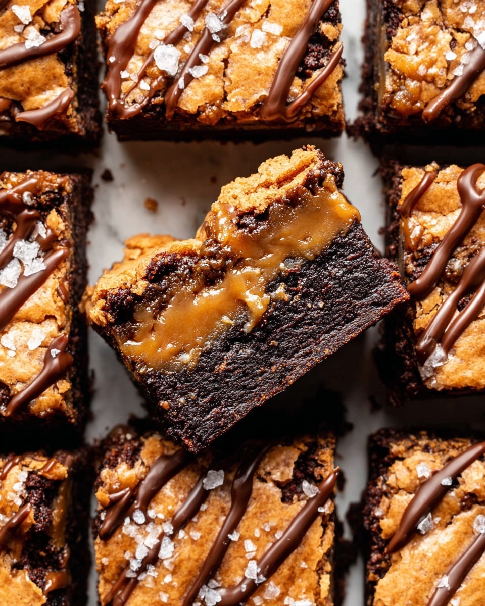 The image shows several cut brownies arranged on a white marbled surface, with one piece lifted in the center to clearly show its layers. Each brownie has three visible layers: a dark, moist chocolate base on the bottom, a middle layer of gooey caramel, and a top layer that looks like a crumbly, golden-brown cookie or blondie texture with drizzles of caramel sauce across. The top also has a few flakes of salt sprinkled, adding texture and contrast. The lighting highlights the glossy caramel and rich chocolate colors, making the dessert look rich and inviting. Photo taken with an iphone --ar 4:5 --v 7