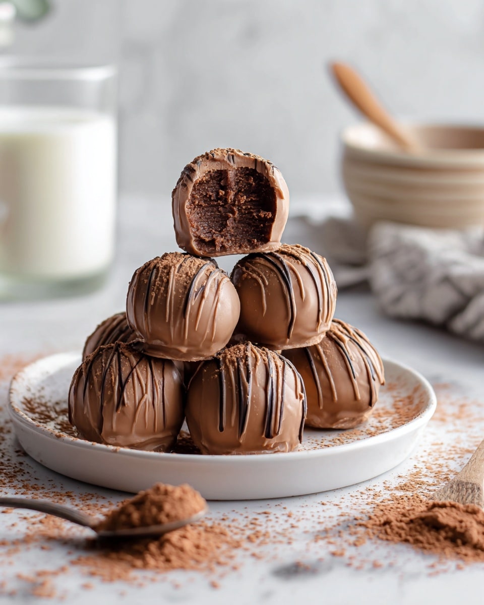 A stack of six round chocolate truffles arranged in a pyramid on a white plate, the bottom layer has four truffles, the middle layer has two, and the top layer has one truffle with a bite taken out, showing a soft, dark chocolate center. Each truffle is covered in smooth milk chocolate with thin darker chocolate drizzle lines on top and dusted with light brown cocoa powder. The plate is on a white marbled surface scattered with cocoa powder, next to a spoon filled with cocoa powder. In the background, slightly blurred, there is a glass of milk and a ceramic bowl with a wooden spoon. Photo taken with an iphone --ar 4:5 --v 7