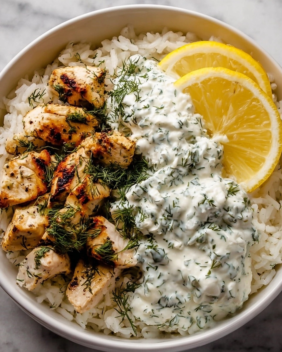 The dish shows a white bowl filled with three main layers. The bottom layer is fluffy white rice, evenly spread across the bowl. On top of the rice is a generous portion of grilled chicken pieces, light brown with charred marks and sprinkled with green dill. Beside the chicken, there is a creamy white sauce mixed with chopped herbs, mostly dill, spread thickly in one area. Two thin lemon slices, yellow and fresh, rest on the rice beside the sauce. The bowl is set on a white marbled surface. Photo taken with an iphone --ar 4:5 --v 7