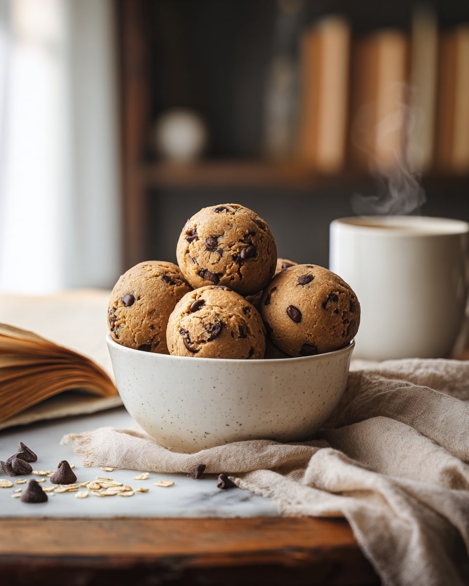 A white round bowl on a white marbled surface holds five round chocolate chip cookie dough balls, each light brown with dark chocolate chips visible on the surface. The dough balls are stacked loosely, with one on top and the rest surrounding it. Around the bowl, there are scattered chocolate chips and pieces of oats. A soft beige cloth lies partially under and beside the bowl. In the background, there is a steaming white cup and blurred books on shelves, adding a warm, cozy feeling to the scene. Photo taken with an iphone --ar 4:5 --v 7