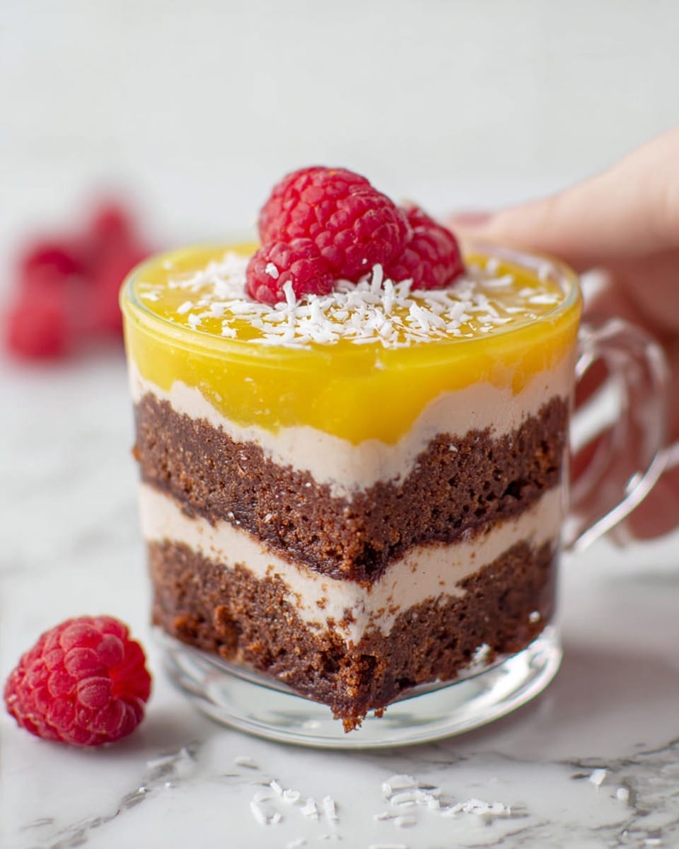 A clear glass cup holds a layered dessert on a white marbled surface. The bottom layer is golden brown crushed biscuits with a rough texture. On top of this is a thick, smooth cream layer that is pale off-white. Above the cream is a bright yellow, glossy layer that looks like lemon curd, slightly shiny and thick. The dessert is topped with a sprinkle of white shredded coconut flakes. The cup has a clear glass handle, and a woman's hand is gently holding the handle from the right side. Photo taken with an iphone --ar 4:5 --v 7