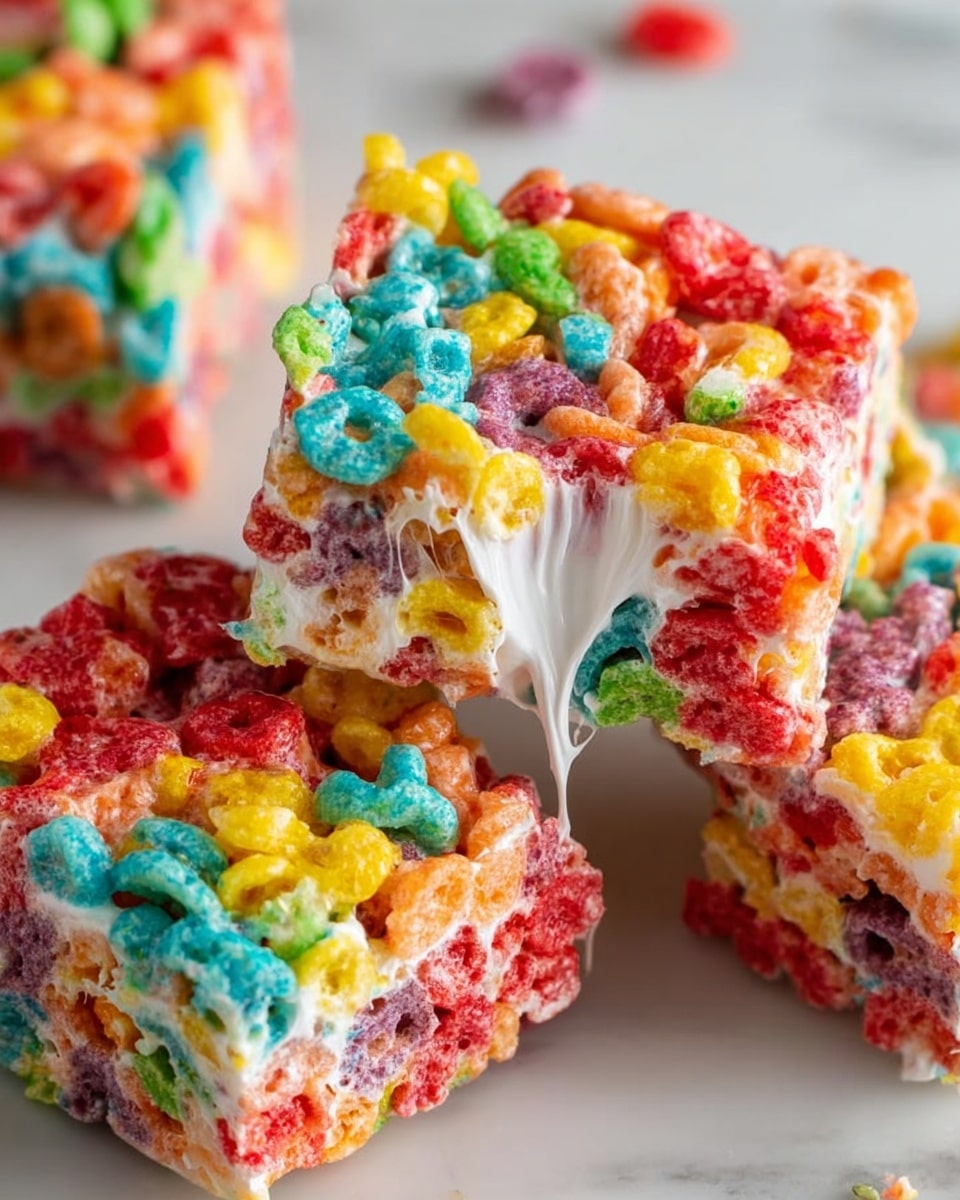 The image shows a close-up of a colorful, square-shaped cereal treat made of bright, multicolored fruity cereal pieces bound together with white melted marshmallow. The treat has at least two layers of densely packed cereal, with a sticky, glossy texture where the marshmallow strands stretch between separated pieces. The colors include red, yellow, green, blue, orange, and purple cereal bits, creating a vibrant mosaic effect. The treat rests on a flat white marbled surface. Photo taken with an iphone --ar 4:5 --v 7