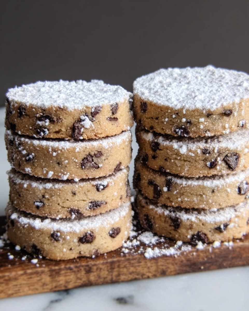 The image shows two stacks of round cookies on a wooden board, placed on a white marbled surface. Each cookie has a light golden brown color with small dark chocolate bits scattered throughout. The stack on the left has seven cookies, some with a light dusting of white powdered sugar, while the stack on the right has four cookies, the top one covered evenly with powdered sugar. The texture looks crumbly and soft, with a slight roughness from the chocolate bits and sugar. Photo taken with an iphone --ar 4:5 --v 7