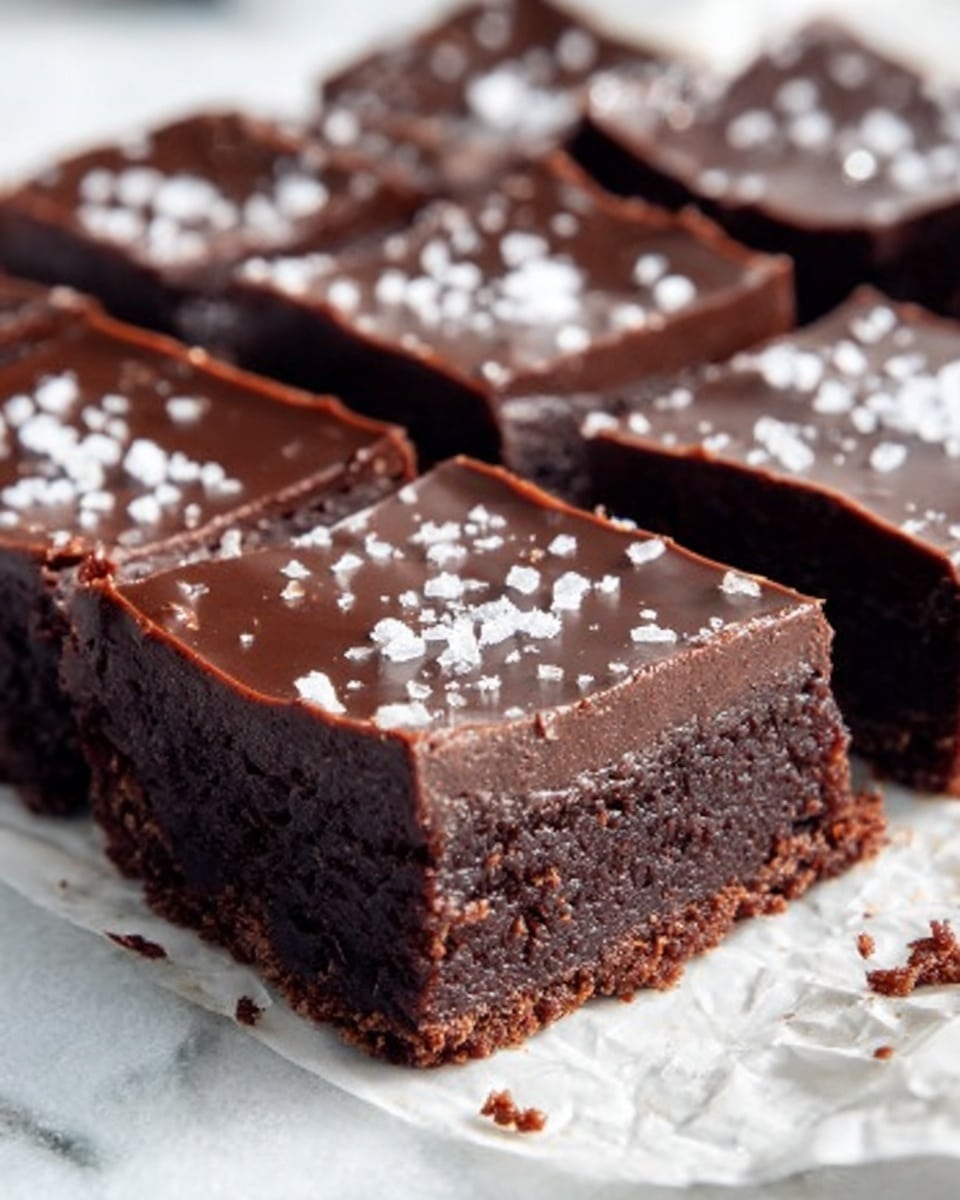 The image shows a close-up of several square chocolate brownies cut into neat pieces, arranged in two rows on white parchment paper. The brownies have two visible layers: a dense, dark brown bottom layer with a moist texture, and a glossy, smooth dark chocolate ganache layer on top, sprinkled with coarse white salt flakes. The background is a white marbled surface with soft natural light shining from the side, highlighting the shiny top and the rich texture of the brownies. Photo taken with an iphone --ar 4:5 --v 7