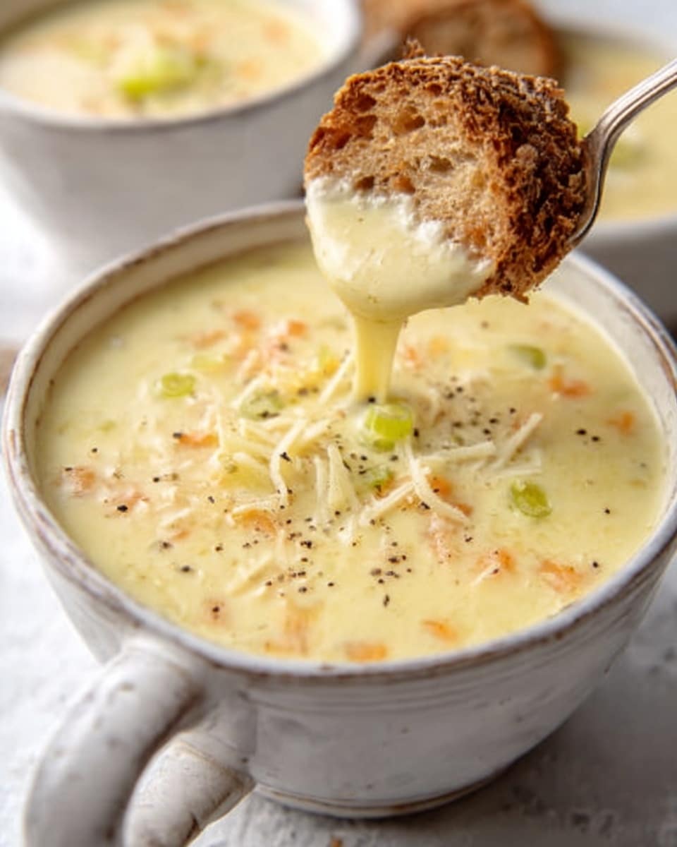 A white cup filled with thick, creamy light yellow soup, sprinkled with small black pepper specks, topped with some thin shredded cheese and green onion slices floating on the surface; a piece of toasted brown bread with a rough, crunchy crust is being dipped into the soup, showing the soup stretching in a smooth, gooey way. The cup is on a white marbled surface, and more cups with the same soup are slightly seen around. Photo taken with an iphone --ar 4:5 --v 7