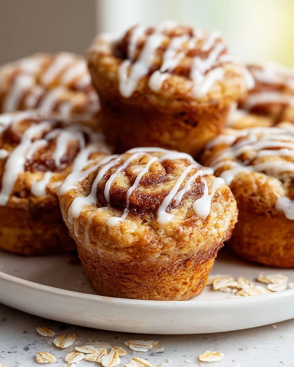 The image shows several small baked muffins on a white plate with a white marbled texture surface. Each muffin has a golden-brown crust with a rough, slightly textured surface, and a visible cinnamon swirl layer in the middle, darker brown and slightly glossy from cinnamon sugar. On top, there is a white icing drizzle applied in curved lines across each muffin. The muffins look soft inside with a slightly crispy outer edge. Small oatmeal flakes are scattered near the bottom edge of the plate. Photo taken with an iphone --ar 4:5 --v 7