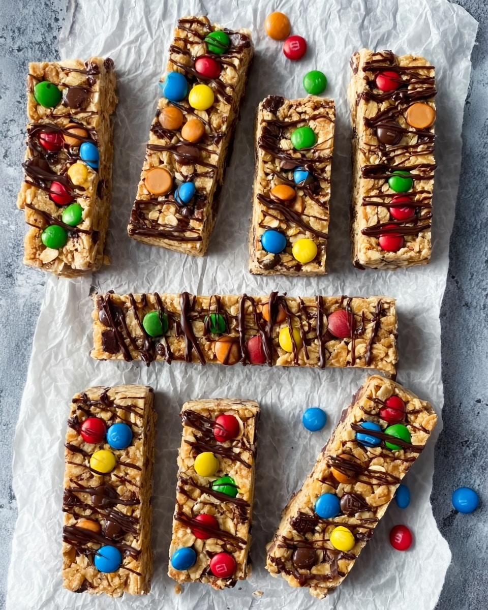 The image shows nine rectangular granola bars placed on crinkled white parchment paper over a white marbled surface. Each bar has a light brown base filled with visibly textured oats and nuts, topped with scattered colorful candy-coated chocolates in red, green, yellow, orange, and blue. The bars are decorated with thin, dark chocolate drizzle lines running diagonally across the top, adding contrast and shine. One bar is positioned horizontally near the center, while the others are arranged vertically around it. Photo taken with an iphone --ar 4:5 --v 7