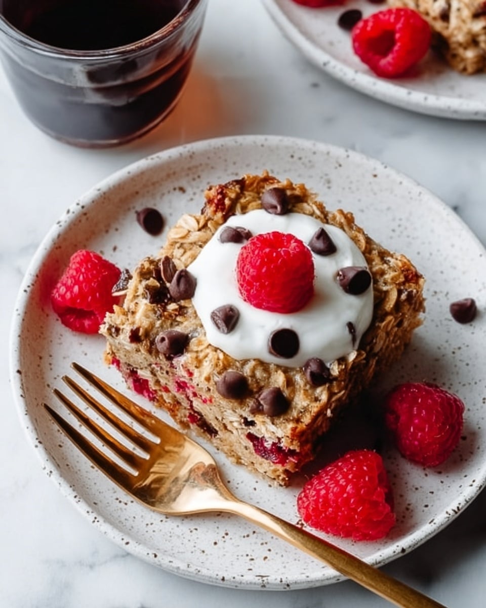 A square oat bar with visible red raspberries and scattered dark chocolate chips baked inside, topped with a dollop of white cream and a single bright red raspberry in the center, with some chocolate chips sitting on the cream; the oat bar is resting on a white speckled plate, with a few loose raspberries around it and a gold fork placed beside the bar with a piece broken off on the fork; in the top left corner, part of a clear glass cup with dark tea is visible; all items are on a white marbled surface. Photo taken with an iphone --ar 4:5 --v 7