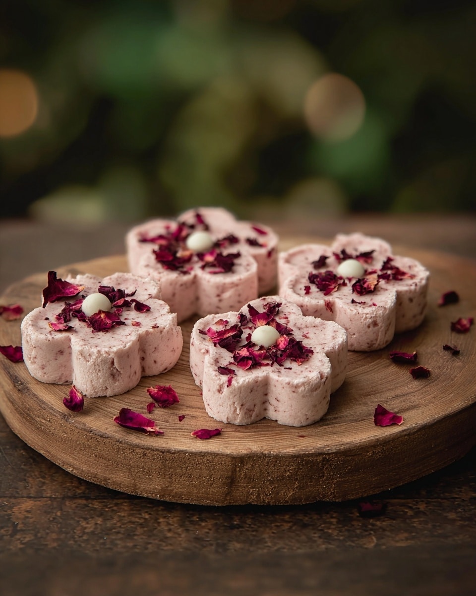 The image shows four light pink flower-shaped sweets arranged on a round wooden board placed on a white marbled surface. Each sweet has one layer, smooth in texture with rose petals scattered on top, adding a touch of deep red and giving a natural, delicate look. One of the sweets has a small white bead-like decoration at its center, while the rest have only the rose petals. The background is softly blurred with green hues, emphasizing the sweets in the foreground. photo taken with an iphone --ar 4:5 --v 7