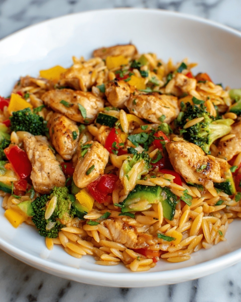 A white plate holds a dish with three main layers: the bottom layer is a bed of orange orzo pasta with a smooth, slightly shiny texture; the middle layer consists of bright green broccoli florets and vibrant red and yellow bell pepper pieces, adding color and freshness; the top layer features small, light brown grilled chicken pieces, tender with a slightly crispy surface, scattered evenly over the vegetables and pasta. The dish looks colorful and well mixed, placed on a white marbled surface. photo taken with an iphone --ar 4:5 --v 7