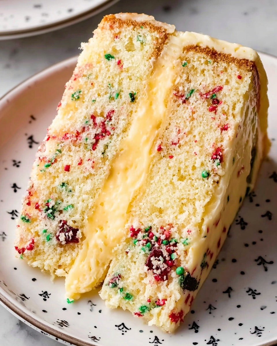 A close-up view of a slice of cake with three thick layers: the top and bottom layers are a pale yellow cake speckled with red and green bits, resembling sprinkles, and the middle layer is a thick, smooth, creamy yellow filling with a soft texture. The slice sits on a white plate featuring small black sprinkles-like designs, placed on a white marbled surface. The cake is moist and dense, showing some crumbly edges on the top layer. Photo taken with an iphone --ar 4:5 --v 7