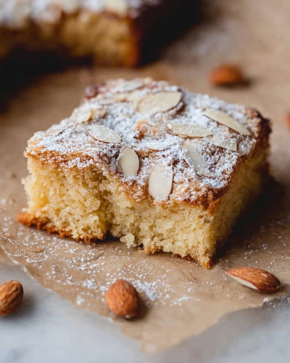 A single square piece of light brown cake with a soft, crumbly texture and a small bite taken from one side, topped with a layer of slivered almonds and a dusting of white powdered sugar. The cake rests directly on brown parchment paper scattered with a few loose almond slices. The background is a white marbled texture, giving a clean, bright look. photo taken with an iphone --ar 4:5 --v 7