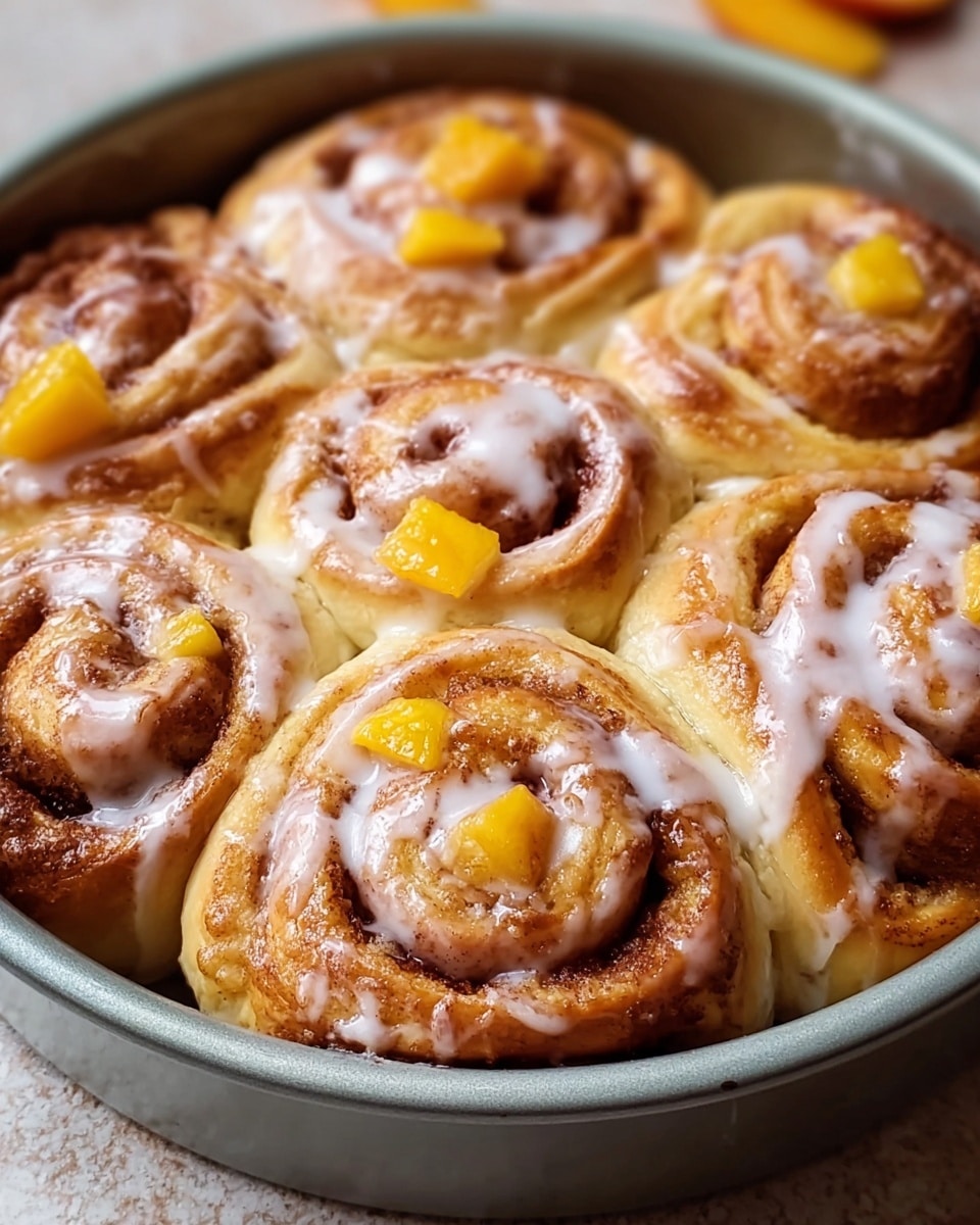 The image shows six peach cinnamon rolls arranged closely together in a round gray baking dish, each roll layered with golden brown dough swirled with cinnamon filling. The top of each roll has white glaze drizzled unevenly, making the rolls look shiny and sweet. Small chunks of bright yellow peach sit on the upper parts of some rolls, adding pops of color. The rolls are thick and fluffy, with a soft, baked texture visible on the edges. The background is softly blurred with a white marbled texture under the dish. photo taken with an iphone --ar 4:5 --v 7