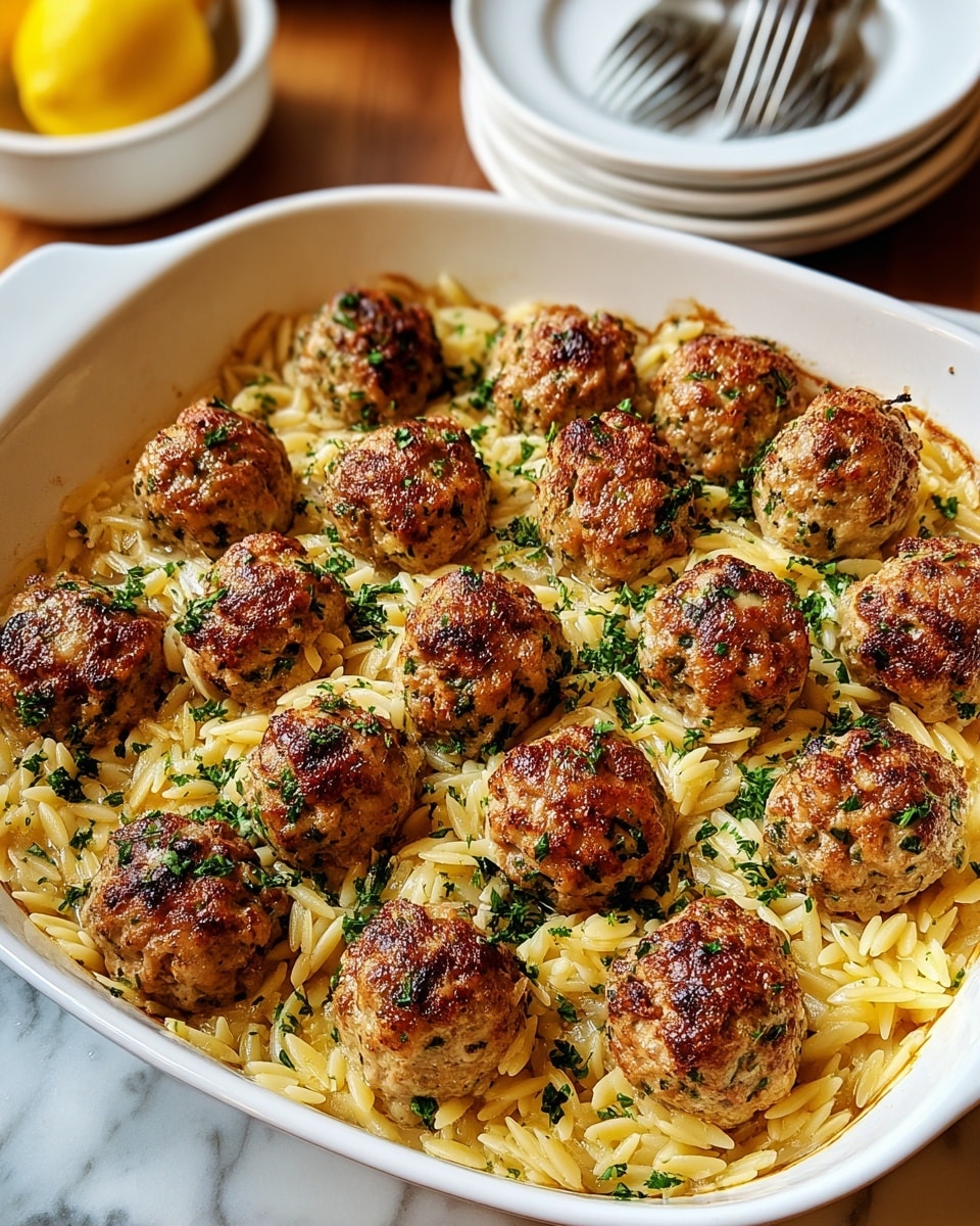 A white baking dish filled with three layers: the bottom layer is a bed of light yellow cooked orzo pasta, scattered evenly across the dish; above this sits a neat row of sixteen golden-brown meatballs, each with a slightly crispy crust and specks of green herbs visible, spaced evenly in four rows; the top layer consists of finely chopped fresh green parsley sprinkled generously over the meatballs and pasta, adding a vibrant touch. The dish rests on a white marbled surface, with a blurred lemon and stacked white plates with forks in the background, giving a cozy kitchen feel. photo taken with an iphone --ar 4:5 --v 7