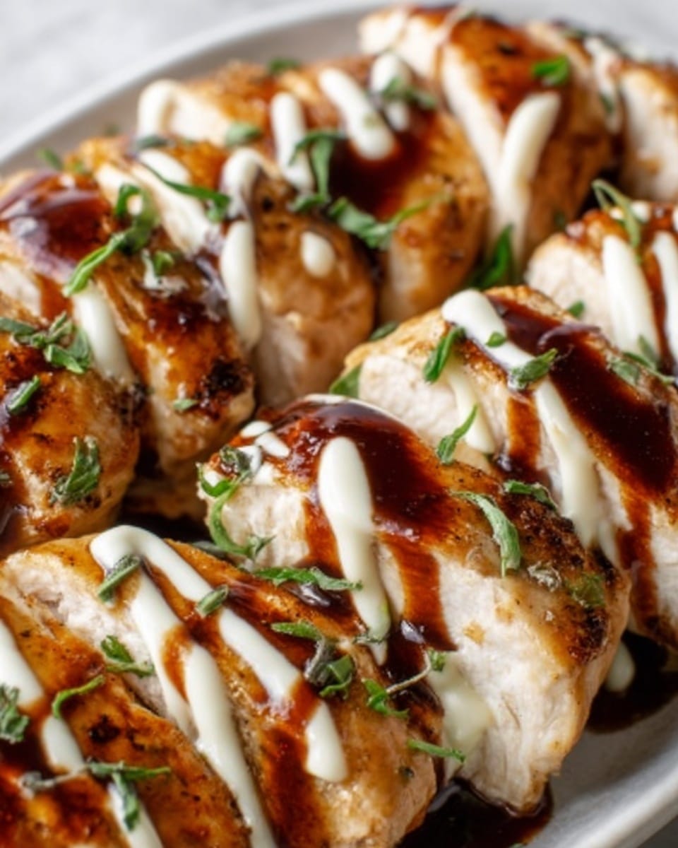 The image shows close-up cooked chicken pieces arranged in layers on a white plate. Each chicken piece is golden brown with a slightly crispy texture. There are two types of sauces drizzled on top in thin lines: one creamy white sauce and one dark brown sauce, adding a shiny contrast. Small green herb leaves are sprinkled on top for color and freshness. The background is a white marbled texture, and the focus is on the chicken’s glossy surface and sauce details. photo taken with an iphone --ar 4:5 --v 7