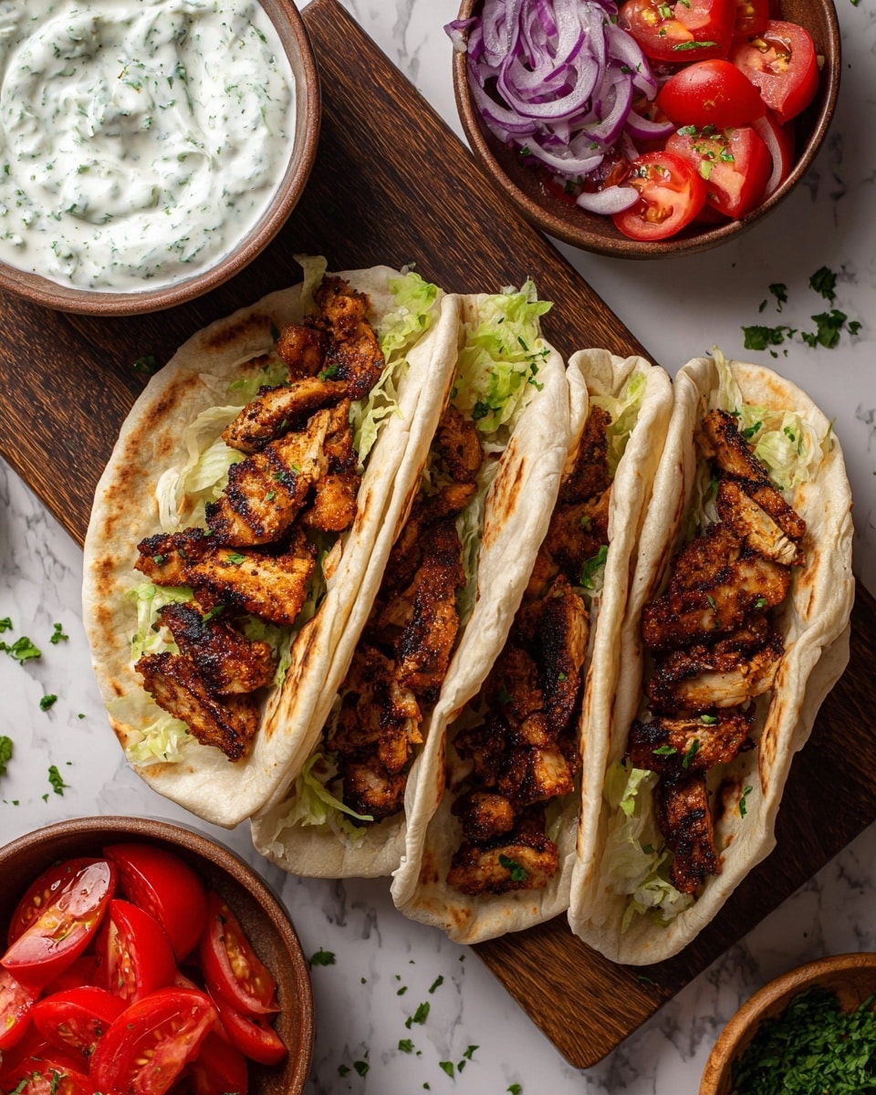 Three soft white flatbreads are placed on a dark wooden board, each folded and filled with layers of grilled, charred chicken strips in a rich golden-brown color, topped with small pieces of green lettuce scattered throughout. Above the flatbreads, two brown round bowls rest on the board; one contains a thick white sauce with visible green herb bits, and the other holds a fresh salad made of bright red tomato wedges, thin light purple onion rings, chopped green herbs, and shredded white cabbage. Below to the right, a smaller brown bowl is filled with sliced red tomatoes. The setup is on a white marbled surface with a few green herb bits scattered for a natural look. Photo taken with an iphone --ar 4:5 --v 7