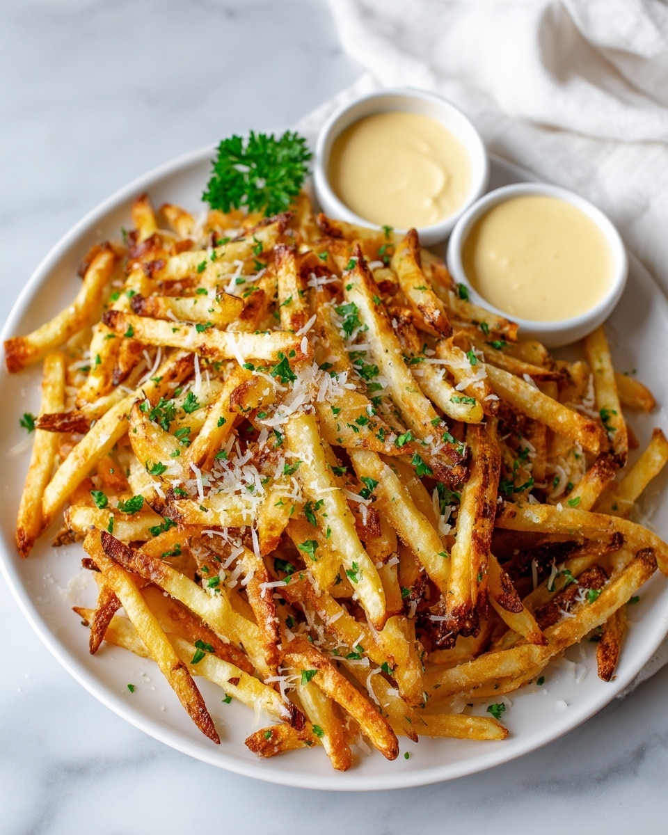 A white plate is filled with a large pile of golden brown French fries, some fries are darker and crispier while others are lighter and softer looking, sprinkled with grated cheese and small bits of green parsley. Two small white sauce dishes sit on opposite corners of the plate, filled with creamy, pale yellow dipping sauce. A sprig of fresh parsley adds a pop of green on top. The plate sits on a white marbled surface with a soft white cloth in the background. photo taken with an iphone --ar 4:5 --v 7