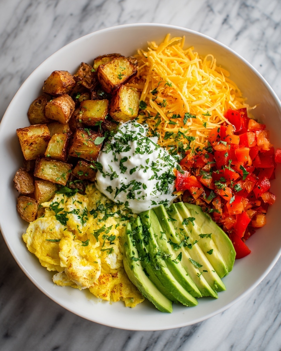 A white bowl filled with six main layers arranged side by side: golden brown roasted potato cubes on the top left, bright yellow shredded cheese on the top right, red chopped tomatoes and bell peppers on the bottom right, and soft scrambled eggs with a light brown crust on the bottom left. In the middle, a fanned avocado layer with smooth green slices topped with a dollop of white sour cream sprinkled with green chopped herbs, which are also scattered over the other layers. The bowl is placed on a white marbled texture surface. photo taken with an iphone --ar 4:5 --v 7