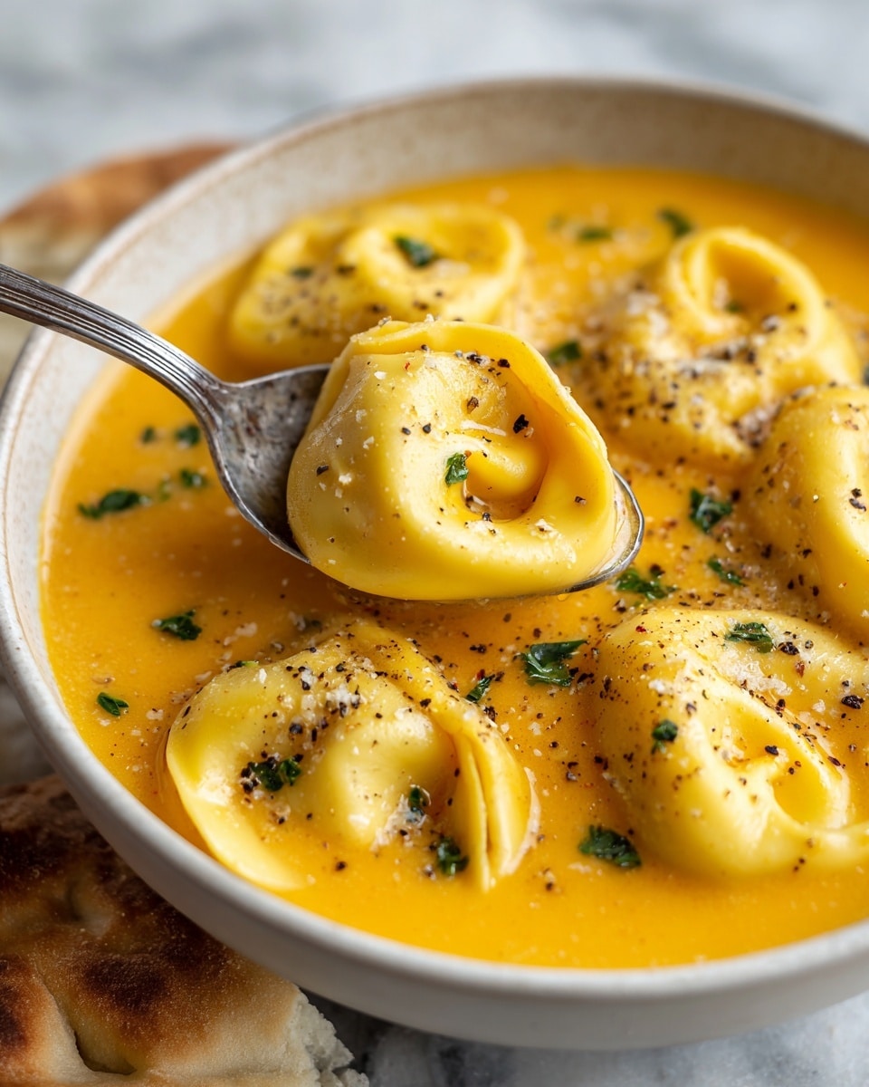 A white bowl filled with creamy orange soup that has a smooth texture with visible specks of black pepper and herbs on top; inside the soup, there are several yellow tortellini pasta pieces, each with a glossy, soft surface and some sprinkled chopped green parsley; a silver spoon scoops up one tortellini on the right side of the bowl; the bowl is placed on a white marbled surface with a piece of toasted bread partly visible on the left edge. photo taken with an iphone --ar 4:5 --v 7