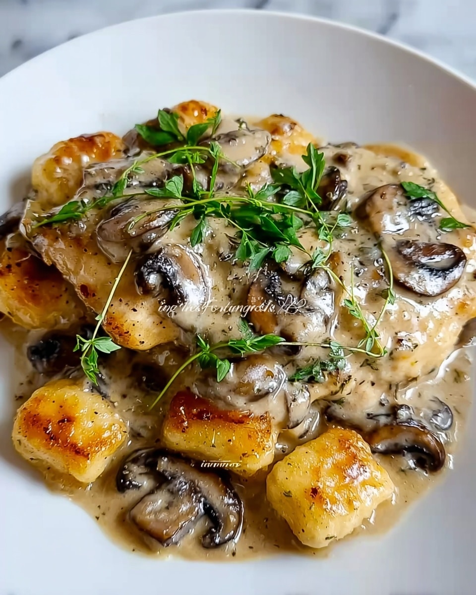 This dish shows several browned chicken pieces covered with a creamy light beige mushroom sauce dotted with slices of cooked dark brown mushrooms. The chicken looks crispy on the edges, and a few bright green thyme sprigs are scattered on top, adding a fresh look. The food is served on a white plate set against a white marbled texture background, and the close-up view highlights the creamy texture of the sauce and the golden color of the chicken skin. photo taken with an iphone --ar 4:5 --v 7