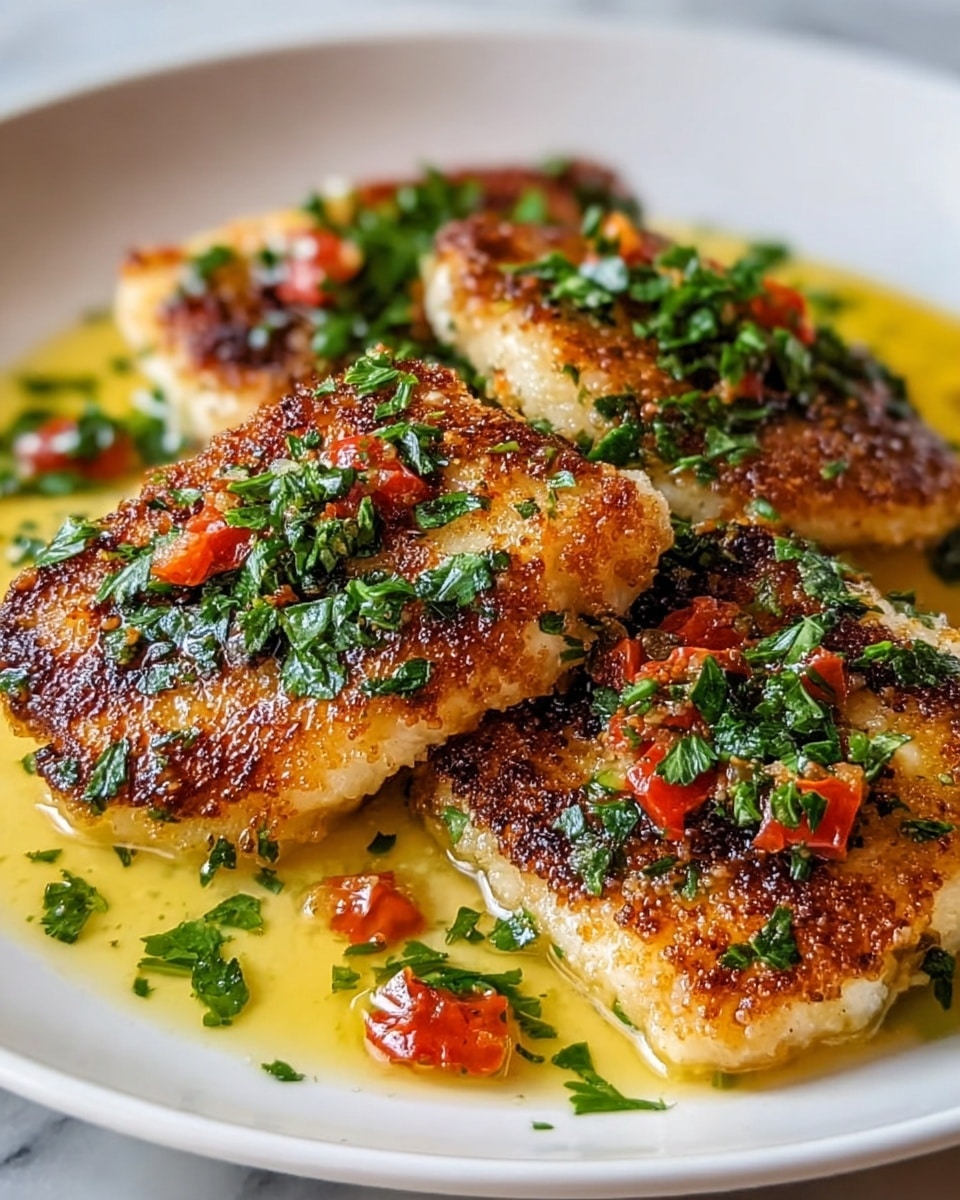 The image shows three golden-brown fried fish fillets with a crispy texture, placed closely together on a white plate. Each fillet is topped with small bright red tomato pieces and sprinkled generously with chopped green herbs. The plate has a light yellow oily sauce, lightly covering the fish and pooling around the fillets, adding a shiny, moist look. The background is a white marbled texture that enhances the colors of the dish. photo taken with an iphone --ar 4:5 --v 7
