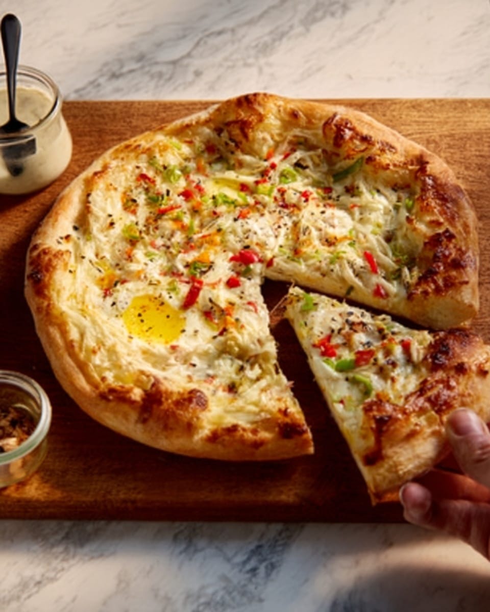 The image shows a pizza with a golden-brown crust that looks thick and soft. It has a layer of melted white cheese covering the top mixed with small bits of red and green vegetables. There are some yellow spots that might be cooked egg yolk or cheese. The pizza sits on a wooden board, and there is a small jar with a spoon beside it on the board. A woman's hand is gently holding one slice of the pizza, pulling it slightly away from the rest. The surface under the wooden board has a white marbled texture. Photo taken with an iphone --ar 4:5 --v 7