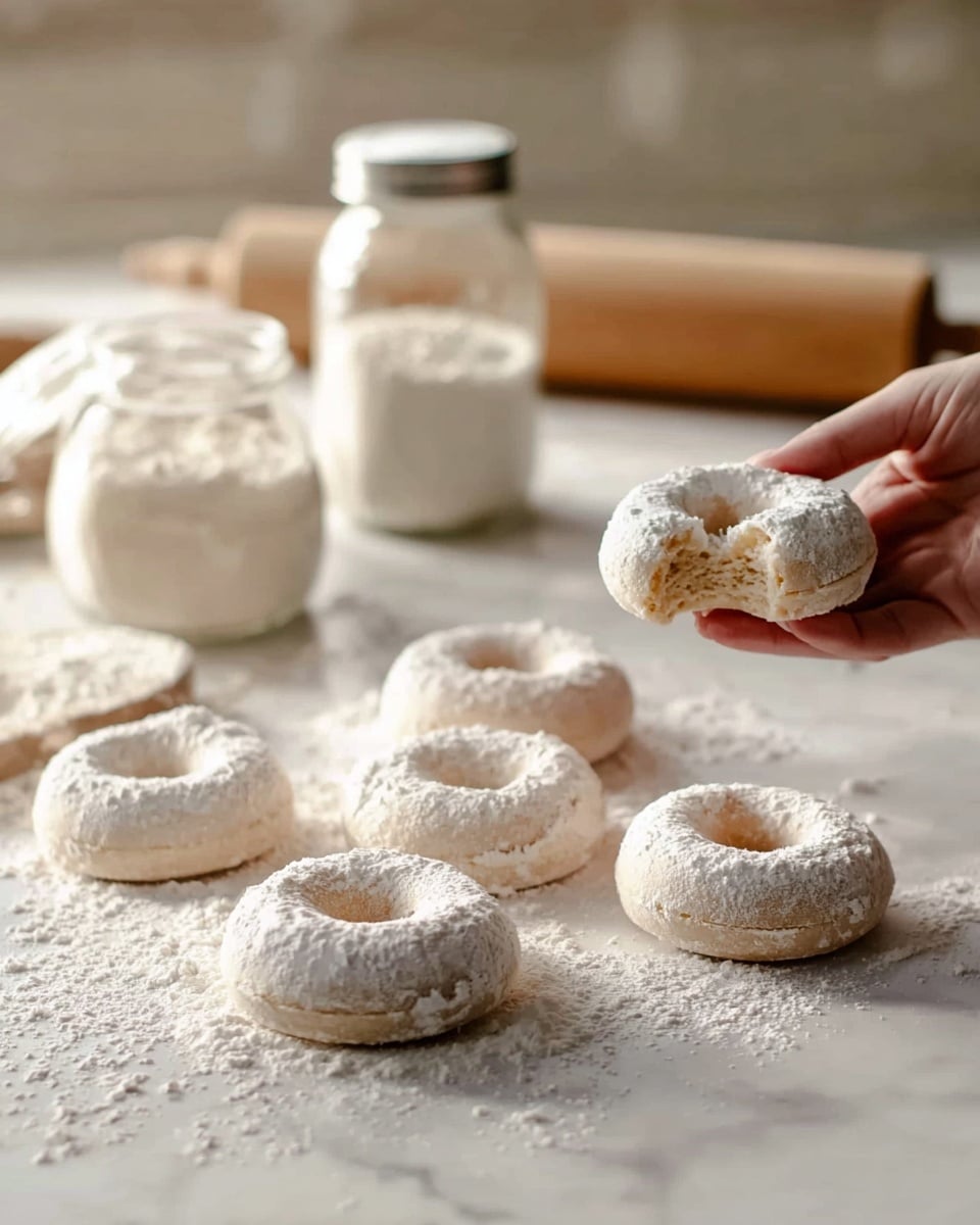 Seven uncooked doughnuts coated in a layer of white flour sit spread on a white marbled surface dusted with flour. One doughnut in the center has a bite taken out, showing a soft, fluffy inside. A woman's hand is lifting a doughnut on the right side. In the background, two glass jars filled with flour and a wooden rolling pin are slightly out of focus. The scene has warm, natural lighting that highlights the powdery texture of the doughnuts and flour. Photo taken with an iphone --ar 4:5 --v 7