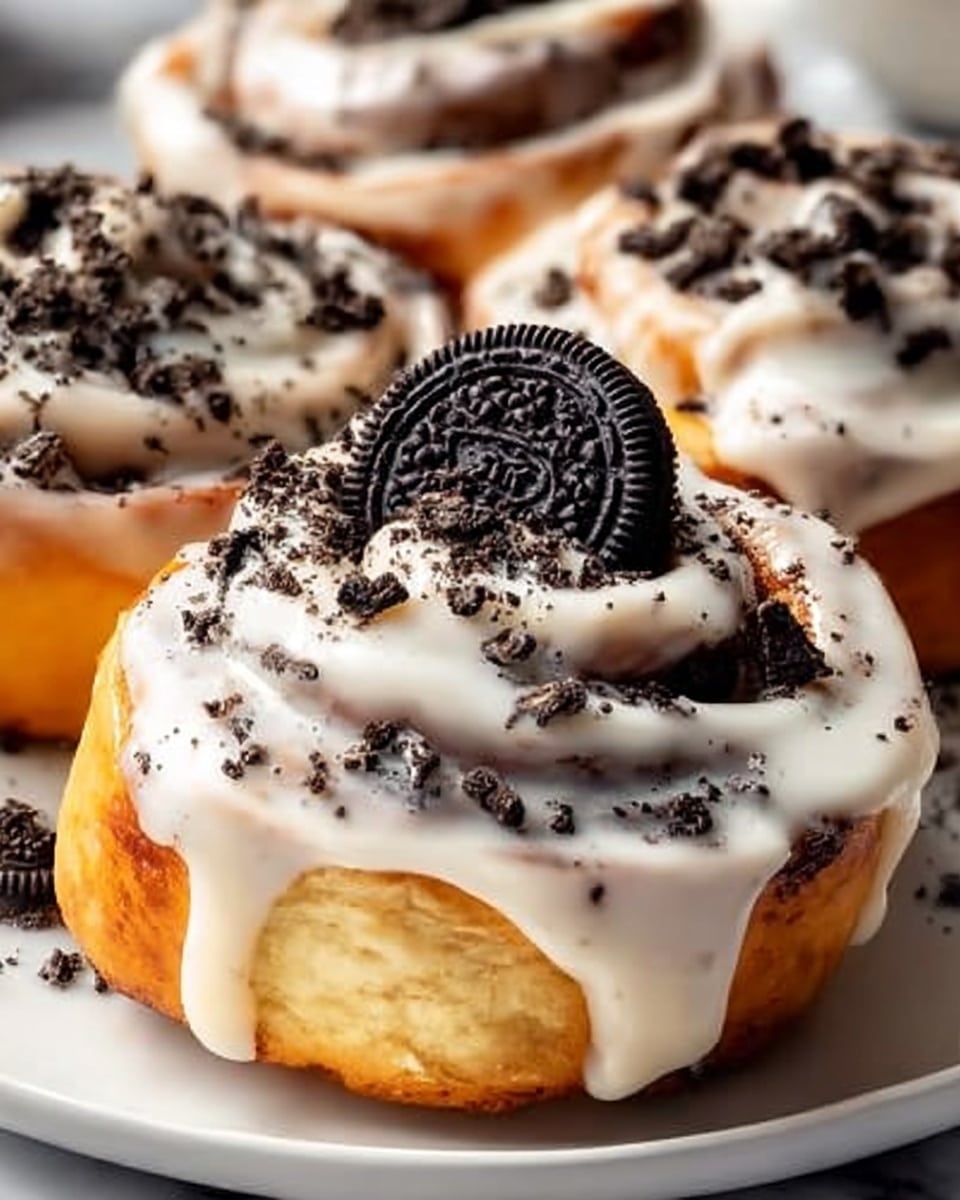 The image shows a close-up of a cinnamon roll with white icing spread thickly over the top and down the sides. On the icing, there are small crushed pieces of dark chocolate cookie bits scattered around, with a whole dark chocolate cookie placed neatly in the center on top. The cinnamon roll is soft and golden brown, and the texture looks fluffy. Surrounding the main roll, there are several other cinnamon rolls that have similar white icing and cookie toppings. All the cinnamon rolls are on a white plate placed on a white marbled surface. photo taken with an iphone --ar 4:5 --v 7