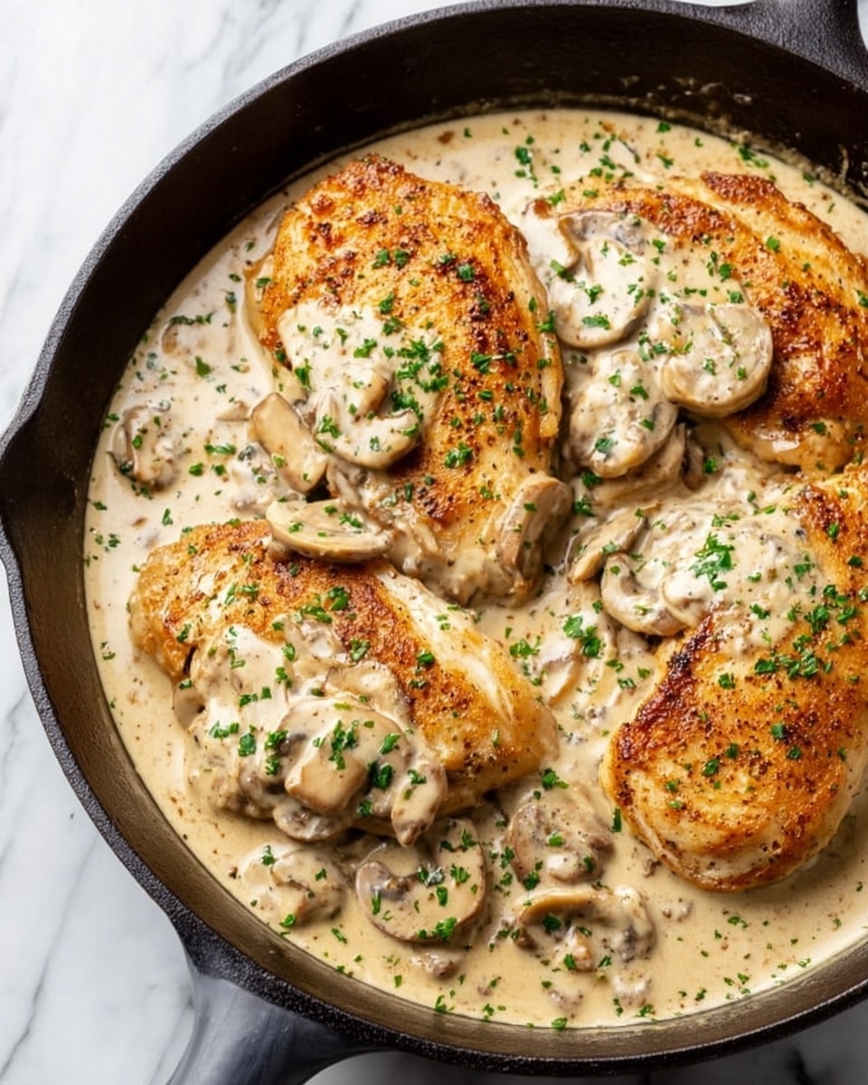 The image shows a black cast iron skillet filled with four pieces of golden-brown cooked chicken breasts partially covered with a creamy light beige sauce mixed with sliced mushrooms. The sauce has a smooth and thick texture, spread evenly around and between the chicken pieces. Small green herbs are sprinkled over the sauce and chicken for a pop of color. The skillet is placed on a white marbled surface, adding a clean and bright background to the warm colors of the dish. Photo taken with an iphone --ar 4:5 --v 7