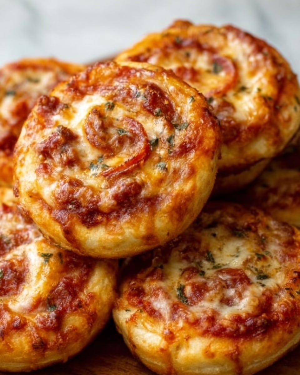 A close-up view of several small, round pizza rolls with gooey melted cheese and visible herbs and spices, showing a golden-brown crust with slightly crispy edges and swirled layers of sauce and cheese inside. The rolls are stacked on each other, highlighting the layered texture and rich color contrast of the toppings. The background features a white marbled surface. Photo taken with an iphone --ar 4:5 --v 7