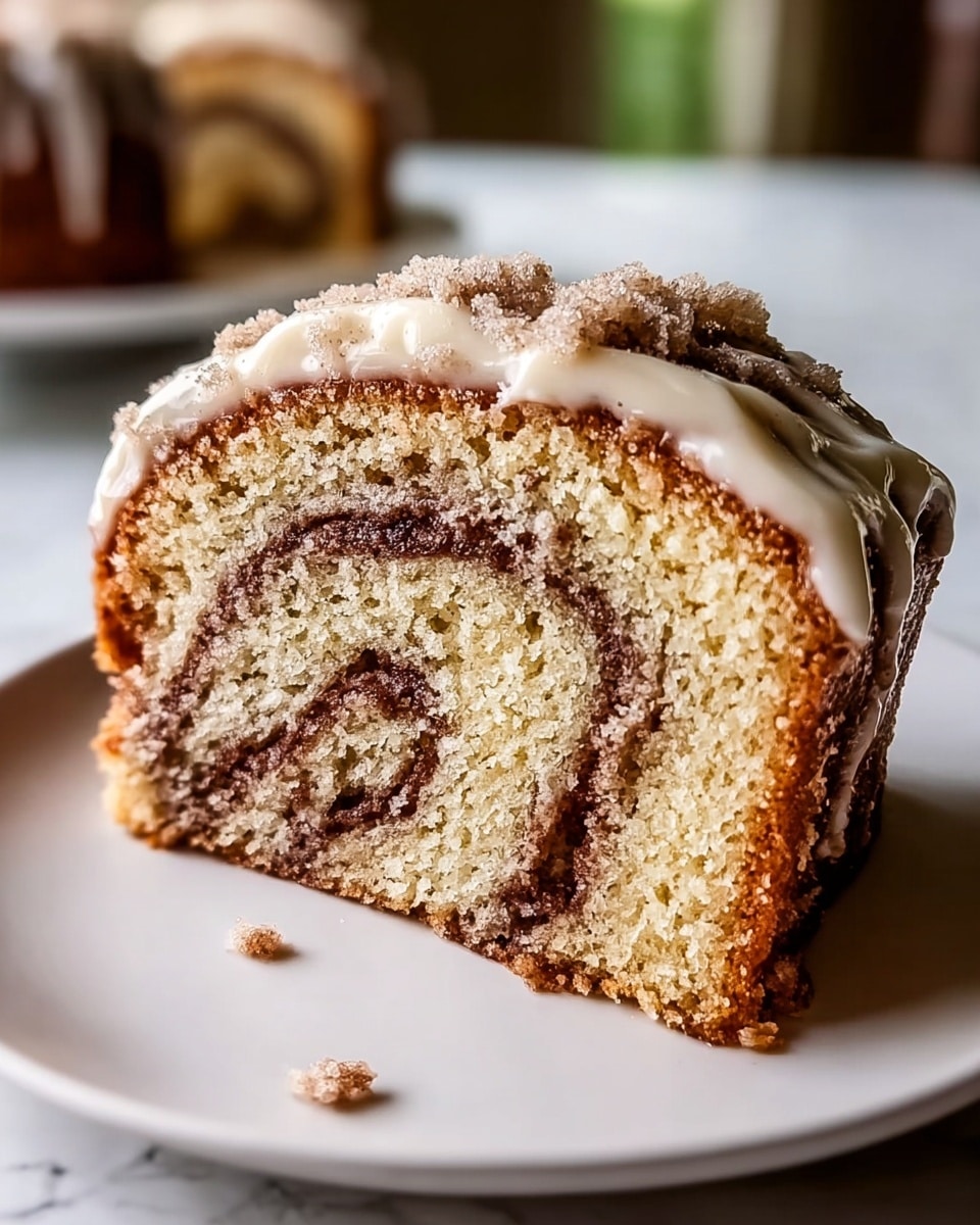 The image shows a close-up of a cinnamon roll cake slice on a white plate, with a white marbled background. The slice has several layers: the outer crust is golden brown and slightly crispy, leading to a soft, light tan cake layer. Inside, there is a dark brown cinnamon swirl that spirals through the middle of the slice, surrounded by a creamy white layer of icing or filling. The top is covered with thick, white icing that drips slightly down the sides, adding a glossy texture with a few bits of cinnamon sprinkled on top. The photo taken with an iphone --ar 4:5 --v 7