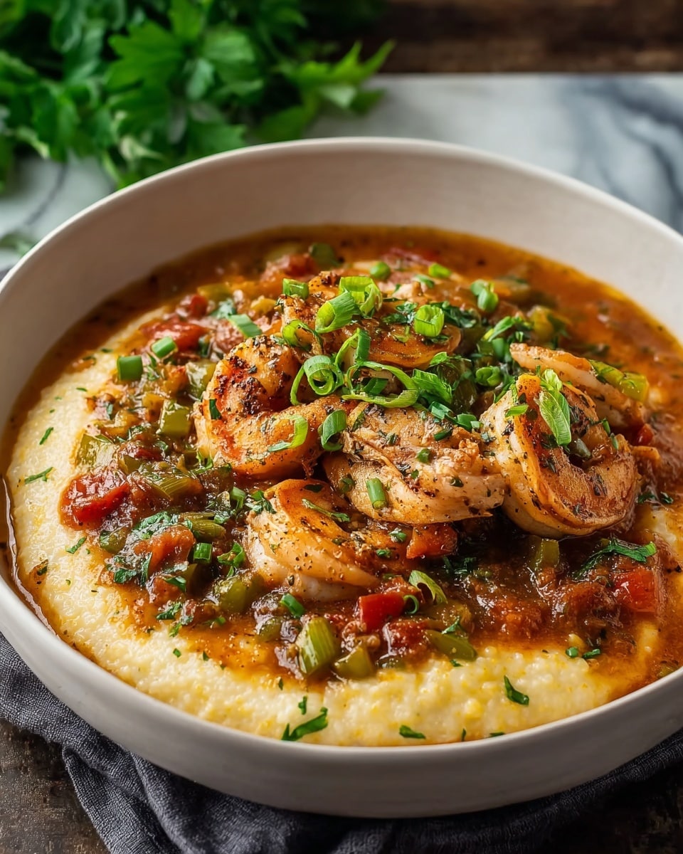 A white bowl holds a dish with two main layers: the bottom layer is creamy, pale yellow grits with a soft texture, shaped in a ring around the edge, and the top layer is a thick stew of brownish-orange sauce filled with browned chicken pieces, diced green bell peppers, and red tomatoes. Fresh chopped green herbs are sprinkled over the chicken and sauce, adding a pop of color. The bowl sits on a dark gray cloth on a white marbled texture surface. Photo taken with an iphone --ar 4:5 --v 7