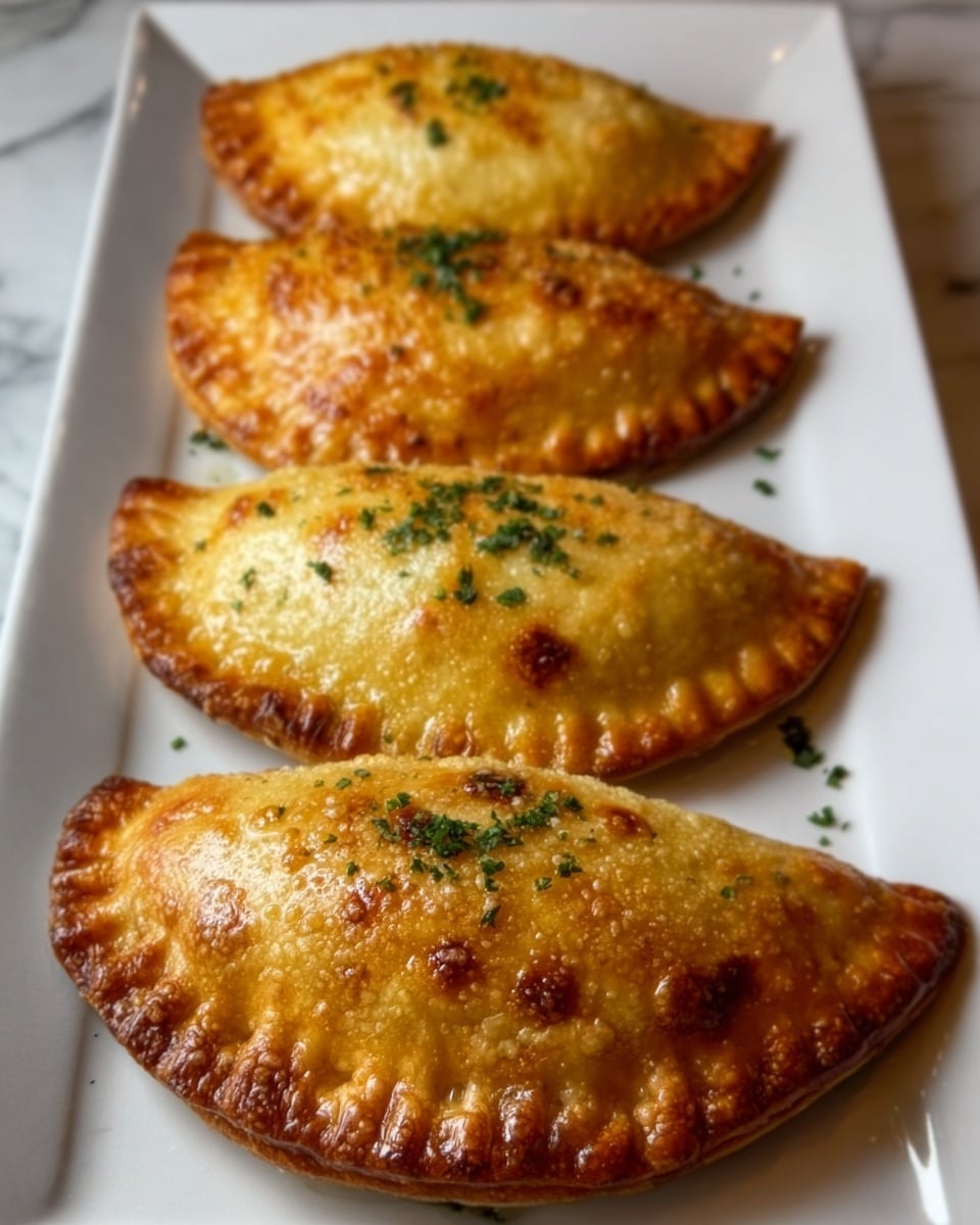 The image shows four golden-brown empanadas arranged in a row on a long white plate placed on a white marbled surface. Each empanada is crescent-shaped with crimped edges and a shiny, slightly textured crust sprinkled with a little green herb on top. The crust has small darker spots indicating a baked finish, and the empanadas look crispy and comforting. The photo taken with an iphone --ar 4:5 --v 7