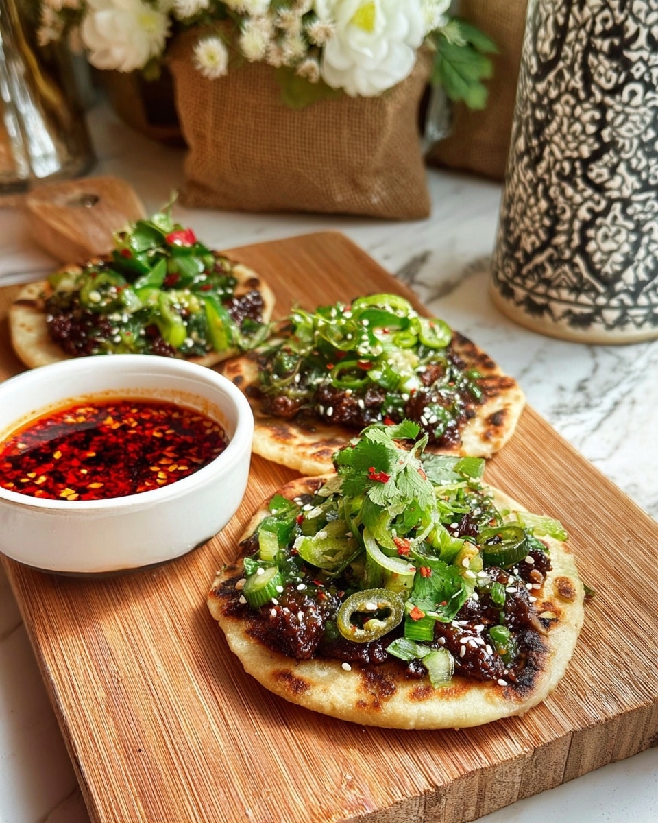 The image shows three small flatbreads placed on a wooden board, each topped with a dark brown grilled meat layer that looks slightly charred and glossy. On top of the meat, there is a fresh green mix of sliced scallions, cilantro leaves, and diced green vegetables, sprinkled with white sesame seeds and small red chili flakes. To the left of the flatbreads, there is a small white bowl with a bright red interior filled with a dark red sauce containing chili flakes. The background has a white marbled texture surface with a burlap sack holding white flowers and a tall white and black patterned vase. photo taken with an iphone --ar 4:5 --v 7
