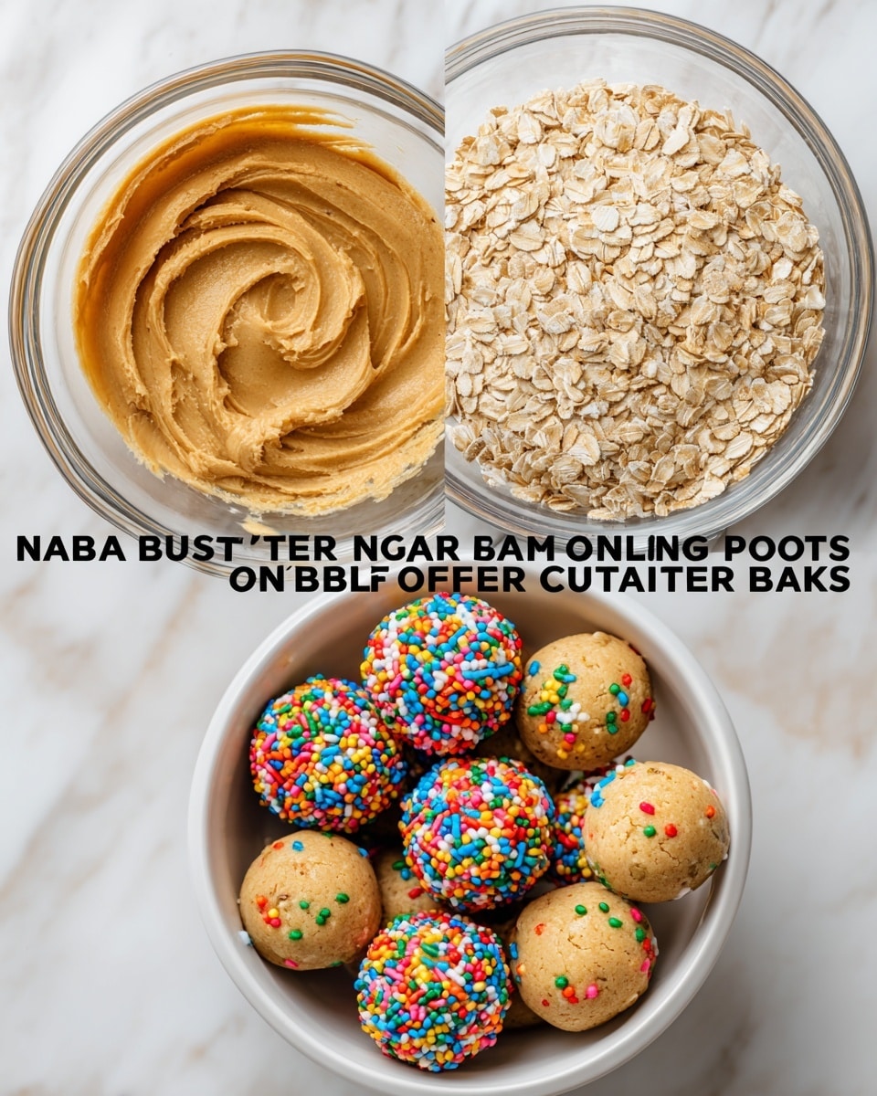 A clear glass bowl on a white marbled surface holds three main layers of ingredients: on the left, smooth, creamy light brown peanut butter; on the top right, flat, light beige rolled oats with a coarse texture; and on the bottom right, bright, multicolored sprinkles in shades of red, blue, green, yellow, and white, densely packed. Below the bowl, a white bowl is filled with round, smooth protein balls that are light tan in color, each dotted with tiny colorful bits matching the sprinkles above. The background is the same white marbled texture. photo taken with an iphone --ar 4:5 --v 7