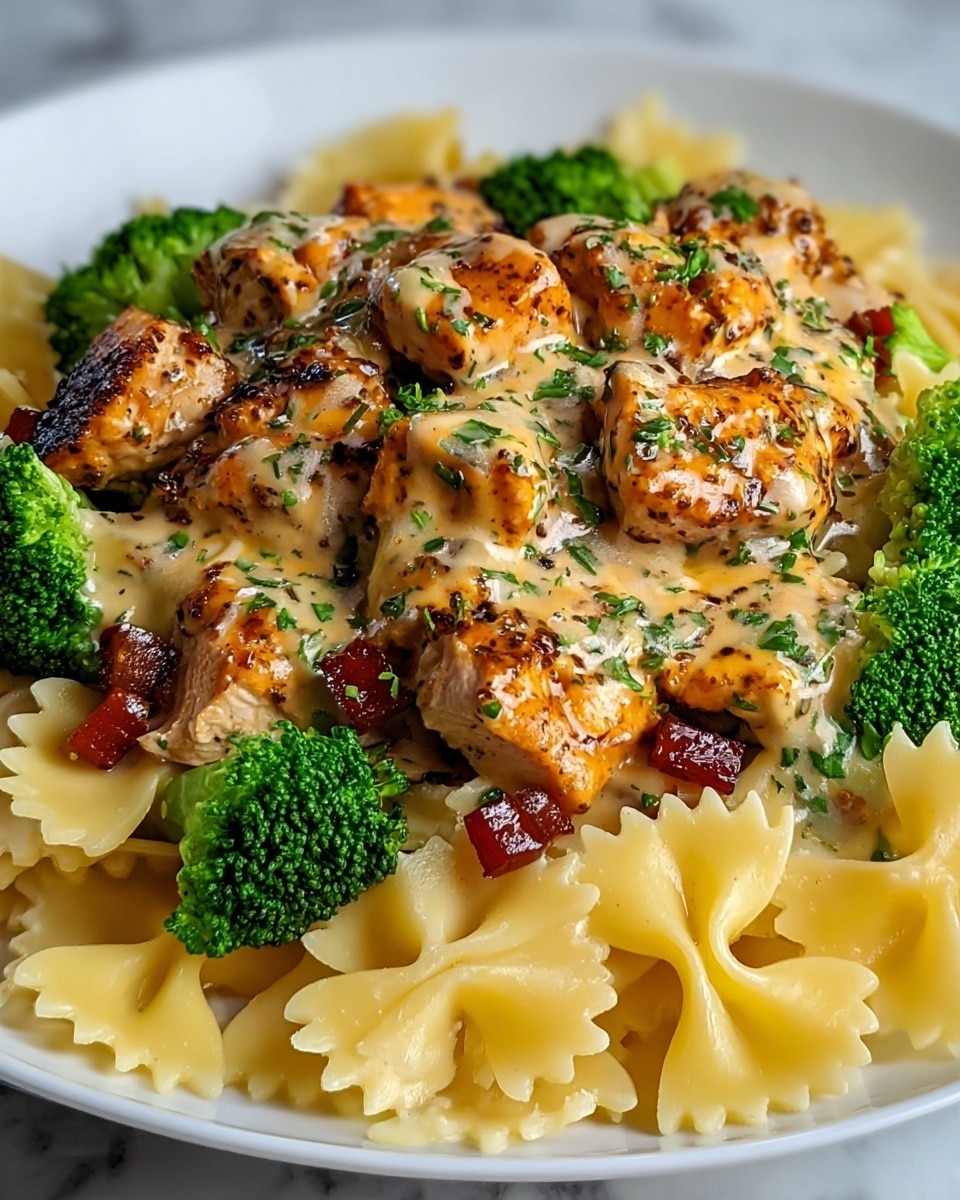 A white plate filled with three layers: the bottom layer shows bow-tie pasta in light yellow with a smooth texture; the middle layer has small red cubes mixed with some brown bits, adding color contrast; the top layer consists of browned chicken pieces covered in melted yellow and white cheese sauce with a creamy texture, sprinkled with chopped green herbs, and surrounded by bright green broccoli florets. The dish is set on a white marbled texture. photo taken with an iphone --ar 4:5 --v 7