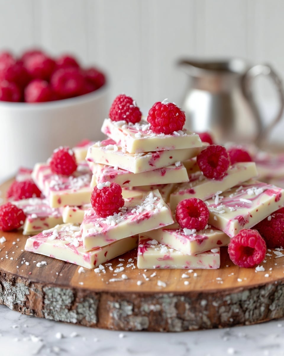 A stack of white bark chocolate squares with swirls of pink and red mixed inside, each square topped with a bright red raspberry and sprinkled with small white flakes on top. The chocolate pieces are layered unevenly in a pile on a round wooden board with bark edges. In the background, a white bowl filled with more raspberries and a blurred silver creamer sit on a white marbled surface. photo taken with an iphone --ar 4:5 --v 7