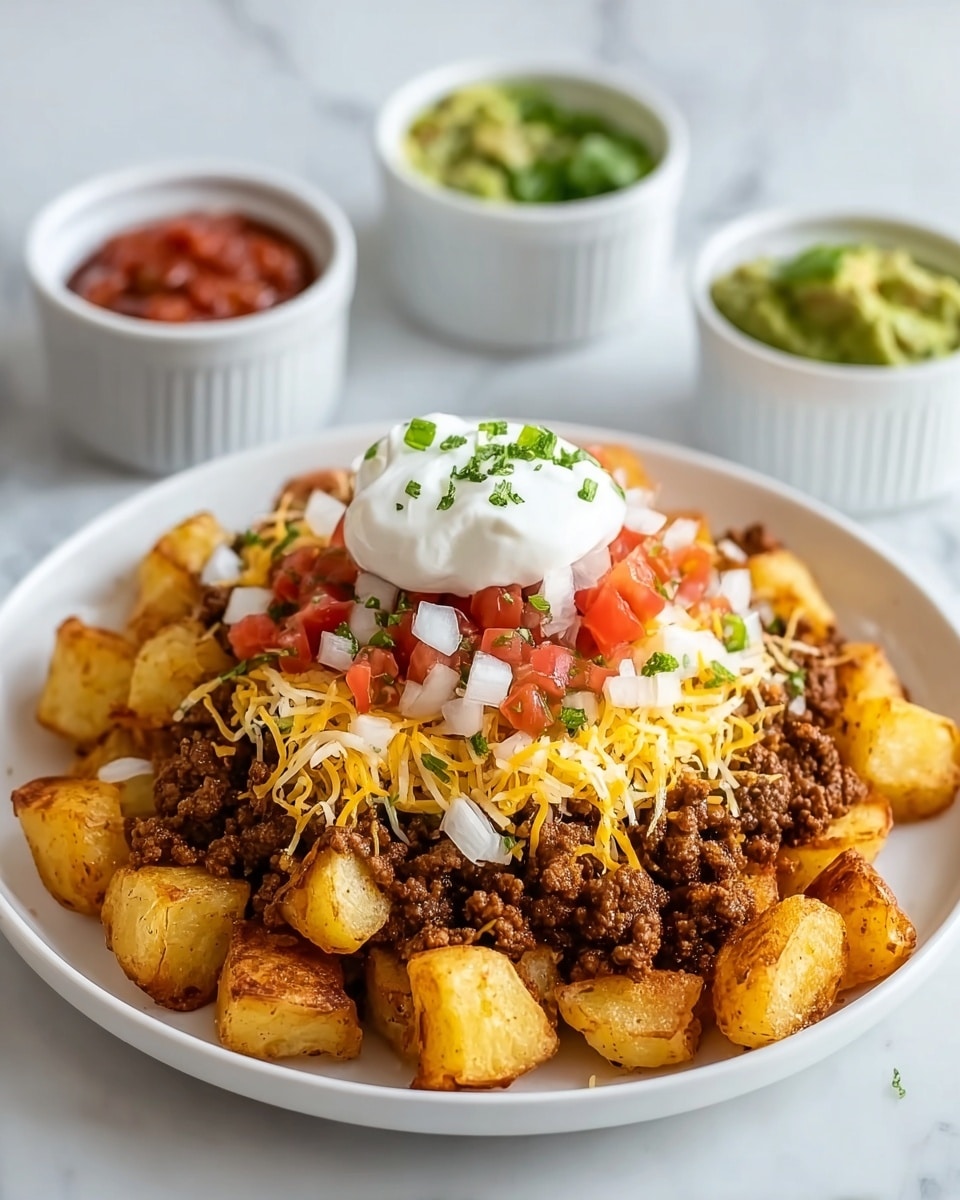 A white plate holds a layered dish starting with golden-brown roasted potato cubes at the bottom, topped with a thick layer of cooked ground beef in a deep brown color. Over the beef, there is a mix of shredded yellow and white cheese scattered evenly. Above the cheese, finely chopped red tomatoes and white onions form a fresh, colorful layer. The dish is finished with a dollop of white sour cream placed on top, sprinkled with small green herb pieces. In the background, two small white ramekins hold red salsa and green guacamole, all set on a white marbled texture. photo taken with an iphone --ar 4:5 --v 7