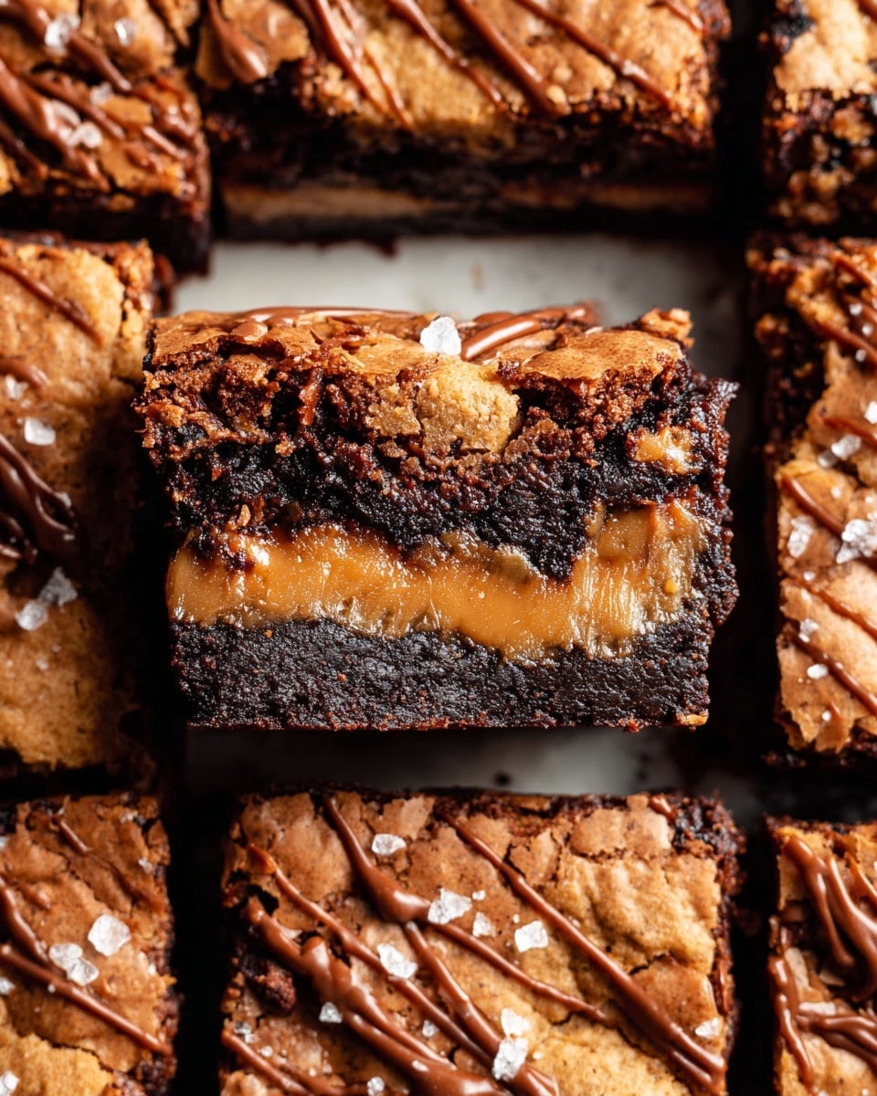 The image shows a close-up of several thick, square brownies arranged closely on a white marbled surface. Each brownie has three visible layers: a dark rich chocolate base, a middle layer of gooey caramel, and a top layer of light brown cookie dough with a slightly cracked texture. The top is decorated with drizzled caramel sauce and a few small flakes of sea salt, creating a shiny, textured surface. One brownie is centered and turned sideways, revealing the distinct thick layers inside. The lighting highlights the rich, moist texture and golden caramel shine. Photo taken with an iphone --ar 4:5 --v 7