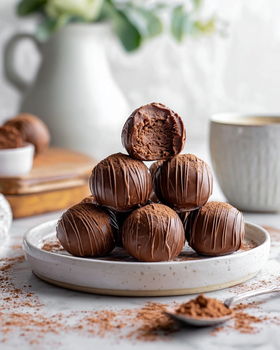 A white shallow plate holds a pyramid stack of six shiny chocolate truffles, each smooth and round, drizzled with thin lines of darker chocolate on top, and dusted lightly with cocoa powder. The top truffle has a bite taken out, revealing a soft, textured chocolate center inside. The plate sits on a white marbled surface with scattered cocoa powder around it, next to a silver spoon filled with cocoa powder. In the blurred background, there is a white pitcher with green leaves and a white cup placed on a wooden board. photo taken with an iphone --ar 4:5 --v 7