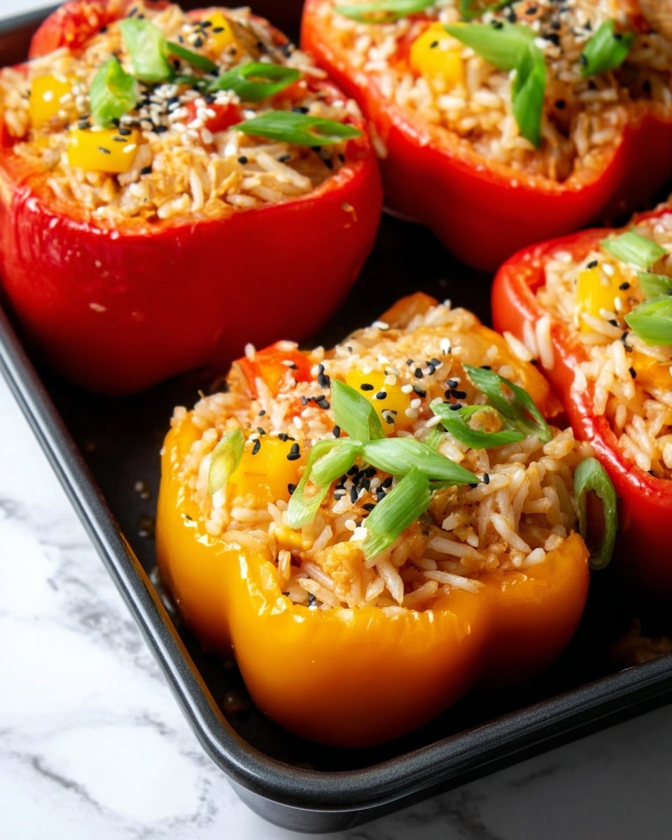 The image shows a close-up of stuffed bell peppers arranged in a black baking tray on a white marbled surface. There are three pieces visible, two red bell peppers and one orange bell pepper, each cut in half and filled with a mix of cooked rice, small yellow and red vegetable chunks, and shredded pieces, likely chicken or a similar protein. The filling is topped with small green onion slices and sprinkled with white and black sesame seeds. The peppers are glossy and tender, and the rice looks soft and moist, creating a colorful and appetizing contrast between the bright bell pepper skins and the mixed filling. photo taken with an iphone --ar 4:5 --v 7