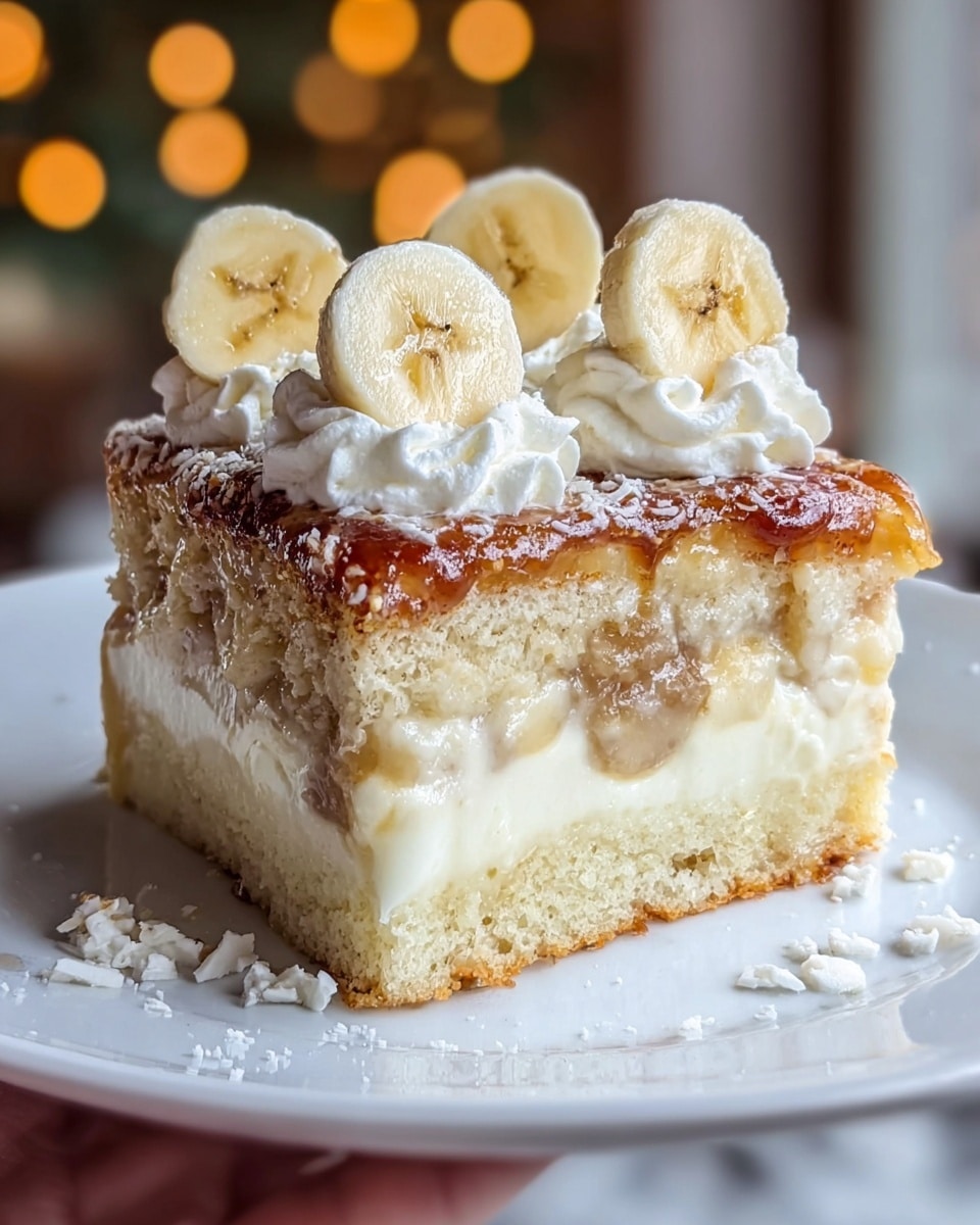 A square piece of cake is shown in close-up, placed on a white plate on a white marbled surface. The cake has three visible layers: the bottom layer is light and spongy with a pale yellow color; the middle layer is creamy and smooth in a light beige shade, slightly oozing out; the top layer is golden-brown with a slightly crispy texture. On top of the cake, there are three dollops of white whipped cream, each crowned by a thick round slice of banana with pale yellow and light brown tones. Small white flakes are scattered lightly on the cake’s surface. The background is softly blurred with warm bokeh lights. photo taken with an iphone --ar 4:5 --v 7