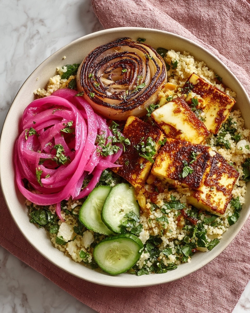 A white bowl holds a colorful layered dish with four main sections. The base is a bed of light tan couscous mixed with chopped leafy green herbs that spread throughout the bowl. On one side, there are several slices of bright pink pickled onions, soft and glossy with hints of green herbs on top. Beside the onions, a round, golden-brown grilled onion slice sits with visible charred rings. Below it, several pieces of golden-brown grilled halloumi cheese with crispy edges rest, sprinkled with small green herb leaves. On the opposite side, thin slices of fresh, light green cucumber with seeded centers lie on the couscous, also adorned with scattered green herbs. The bowl is set on a textured dusty rose cloth on a white marbled surface. Photo taken with an iphone --ar 4:5 --v 7