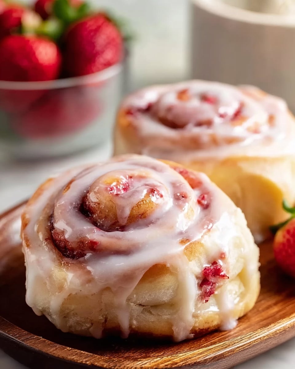 Two cinnamon rolls sit side by side on a wooden tray, each roll showing multiple layers of soft, fluffy dough swirled tightly with pinkish-red strawberry bits. The rolls are generously covered with a shiny white glaze that drips slowly down the sides, accentuating the texture and color contrast of the dough and fruit bits. In the background, a glass bowl filled with fresh strawberries is softly blurred, all placed on a white marbled surface. photo taken with an iphone --ar 4:5 --v 7