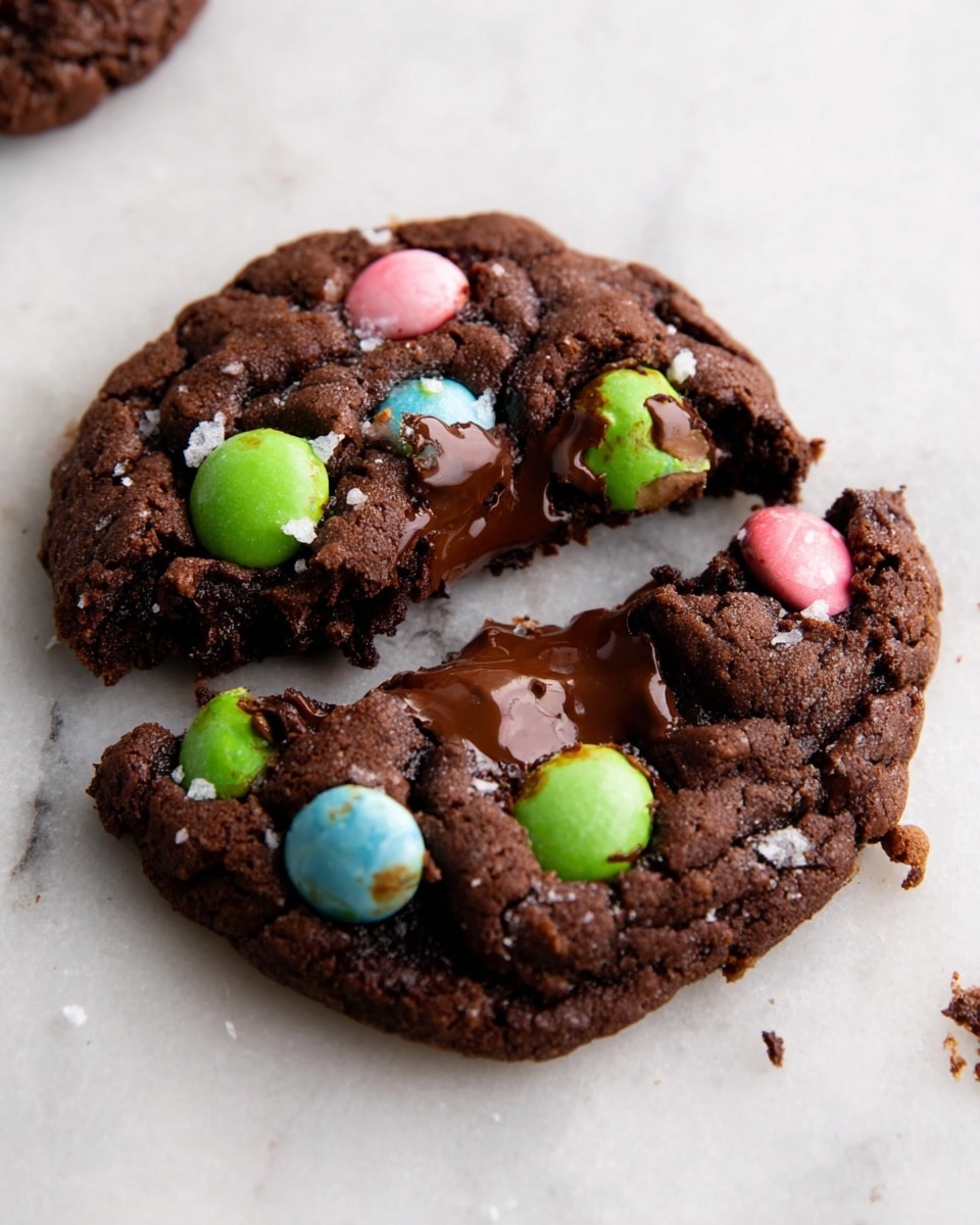 A close-up view of a broken dark brown chocolate cookie lying flat on a white marbled surface. The cookie is thick and soft with a slightly cracked texture on top. It has five colorful chocolate candy pieces embedded in it: pastel pink and blue on the left half, bright green and a cracked green one near the bottom, and another pastel pink on the right half. The chocolate inside the cookie is melting and gooey, showing rich, smooth, and shiny brown layers beneath the surface. Small flakes of salt are scattered on top. Photo taken with an iphone --ar 4:5 --v 7