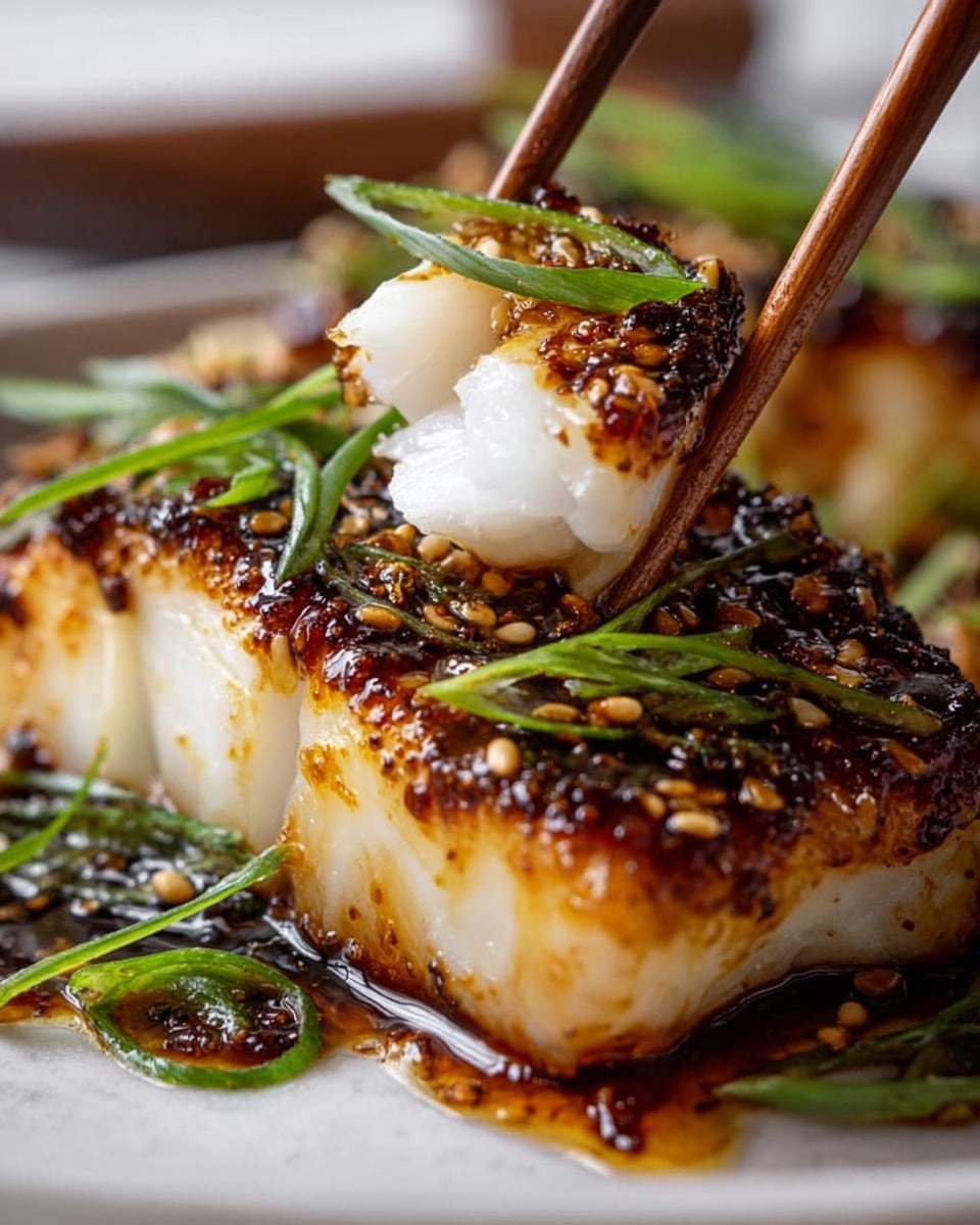 The image shows a thick piece of grilled fish with a shiny brown glaze and sesame seeds on top, giving it a slightly crispy look. On top of the fish, there are several long green onion stalks and thin round slices of fresh green onions as garnish. A pair of wooden chopsticks held by a woman's hand is picking up a small piece of the fish, highlighting its flaky white inside. The fish rests on a shiny white plate, placed on a white marbled surface with scattered sesame seeds and sauce around it. photo taken with an iphone --ar 4:5 --v 7