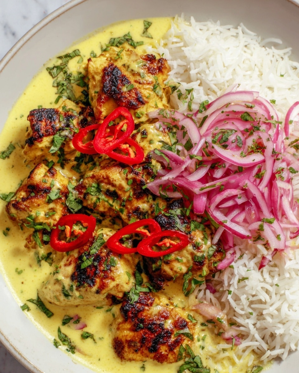 The image shows a white plate with cooked pieces of chicken that are golden brown with some grill marks, placed on a bed of white rice. On top of the chicken and rice, there are thin slices of bright red chili peppers and a nest of thinly sliced purple onions. The plate is partly covered with a creamy yellow sauce that has small green herb bits scattered throughout. The background is a white marbled texture. photo taken with an iphone --ar 4:5 --v 7