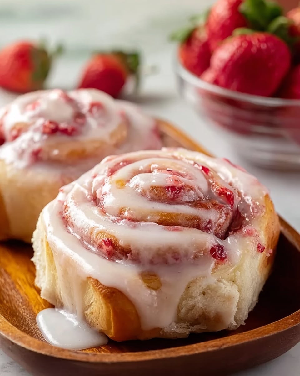 The image shows two soft cinnamon rolls with a pinkish-red berry swirl inside, sitting on a wooden board. Each roll is thick and fluffy, with visible layers spiraling towards the center, filled with bits of the berry. The top of the rolls is covered with a thick, creamy white glaze that smoothly drips down the sides and pools slightly at the base. The texture of the rolls looks tender and moist, and there are small pieces of berry visible under the glaze. In the background, a white bowl with more berries can be seen on a white marbled surface. photo taken with an iphone --ar 4:5 --v 7